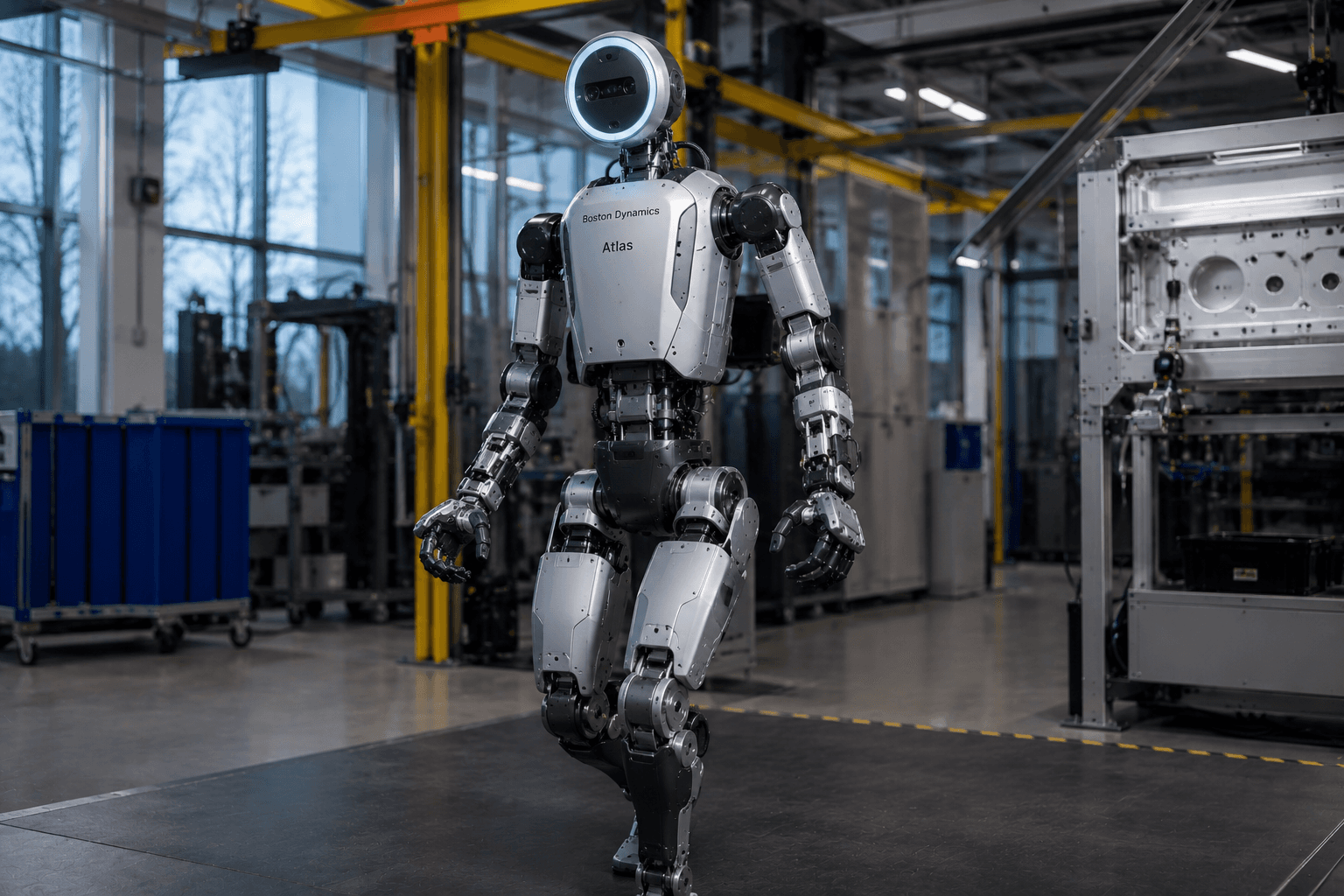 Boston Dynamics Atlas-style humanoid robot walking through an industrial manufacturing facility.