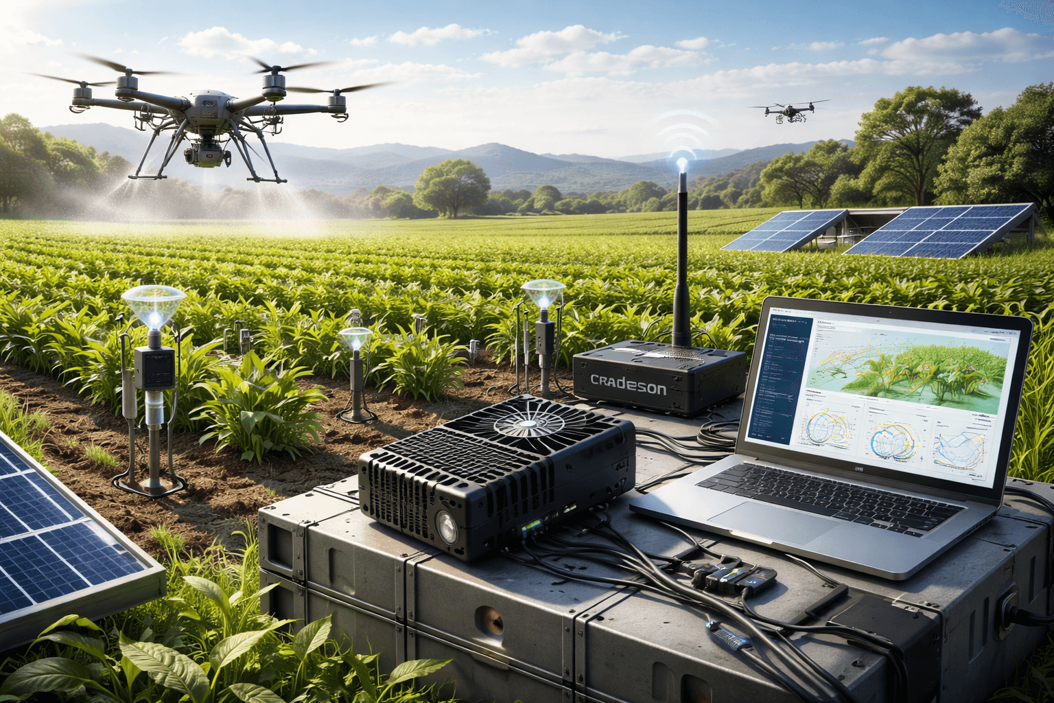 Edge AI agriculture deployment with drones, field sensors, on-site compute, and an operations laptop in a farm environment.