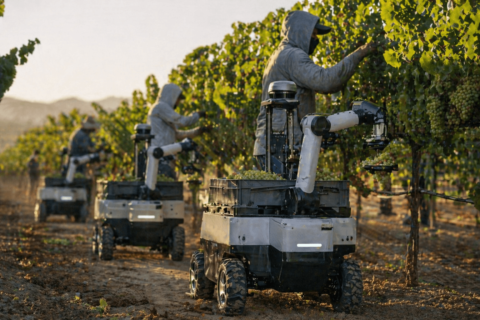 Autonomous agricultural robots assisting vineyard workers during grape harvest in a row-crop field.