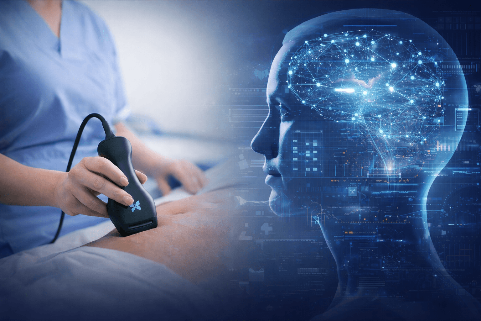 Handheld ultrasound device in use with overlaid medical AI visualization representing point-of-care diagnostics.