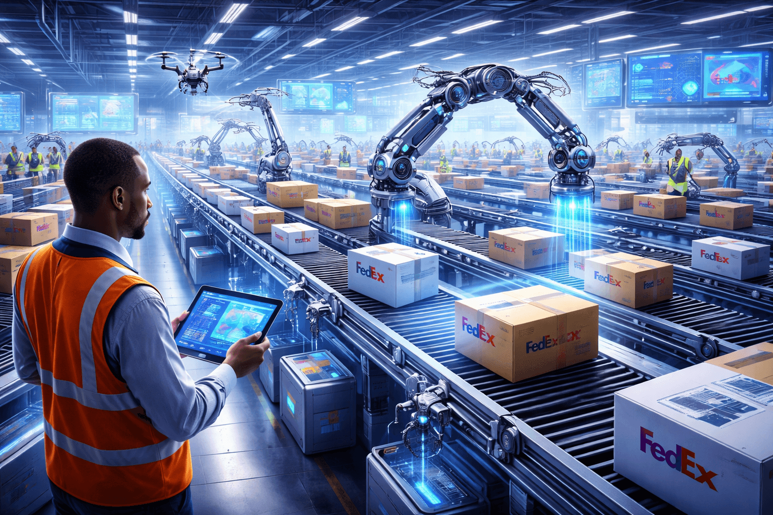 High-volume logistics facility with robotic sorting arms, FedEx packages on conveyors, and AI-assisted operational screens.