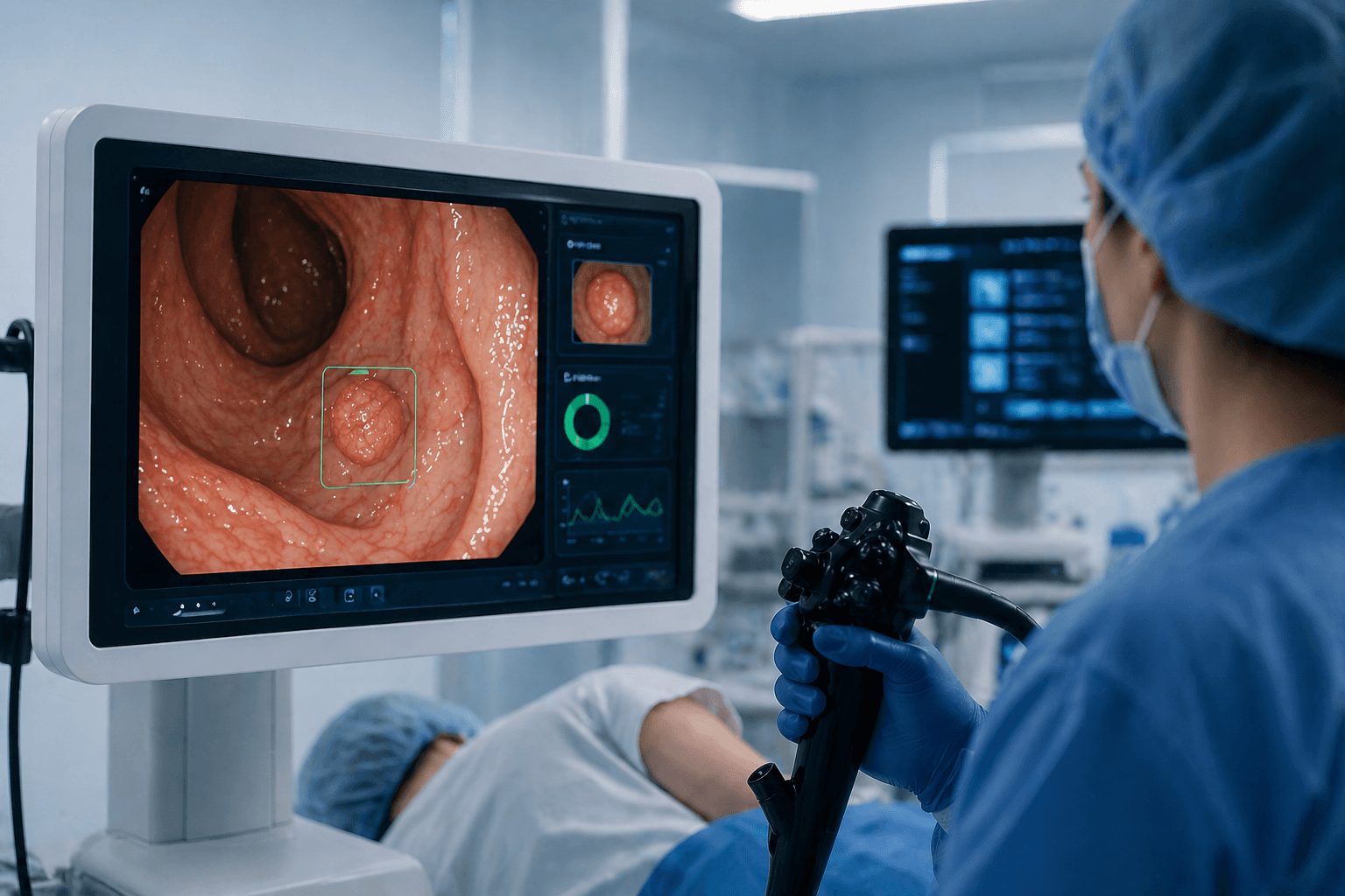 Endoscopy procedure monitor highlighting a suspected colorectal lesion with AI assistance during colonoscopy.