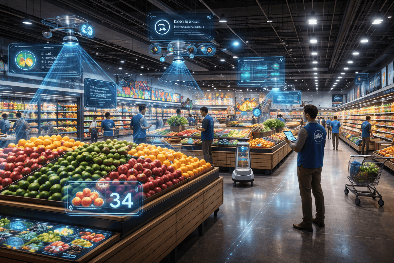 AI-assisted grocery store environment with ceiling-mounted analytics, produce displays, and real-time inventory monitoring overlays.