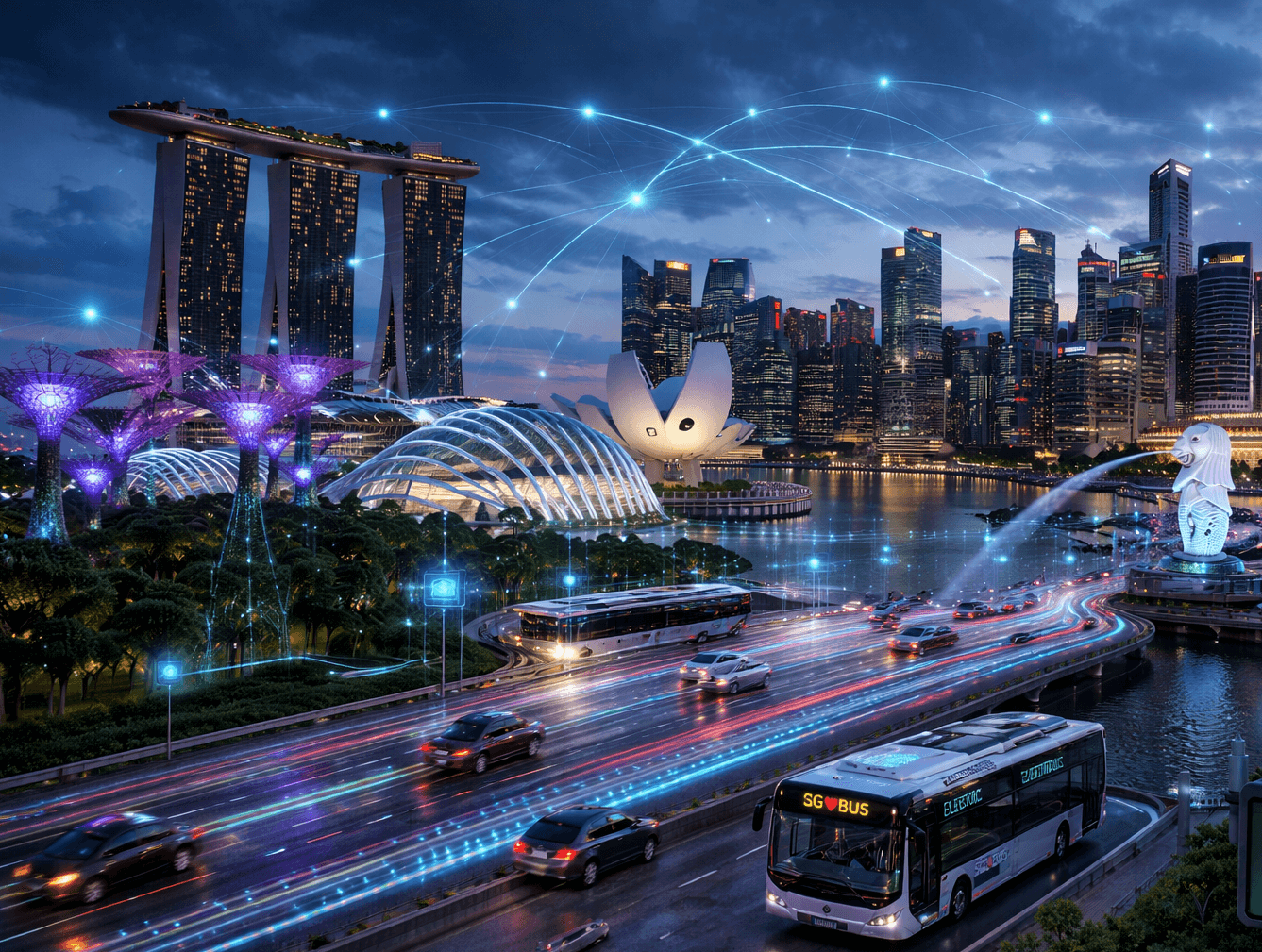 Singapore skyline with smart city connectivity overlays, transit traffic, and edge-connected urban infrastructure.
