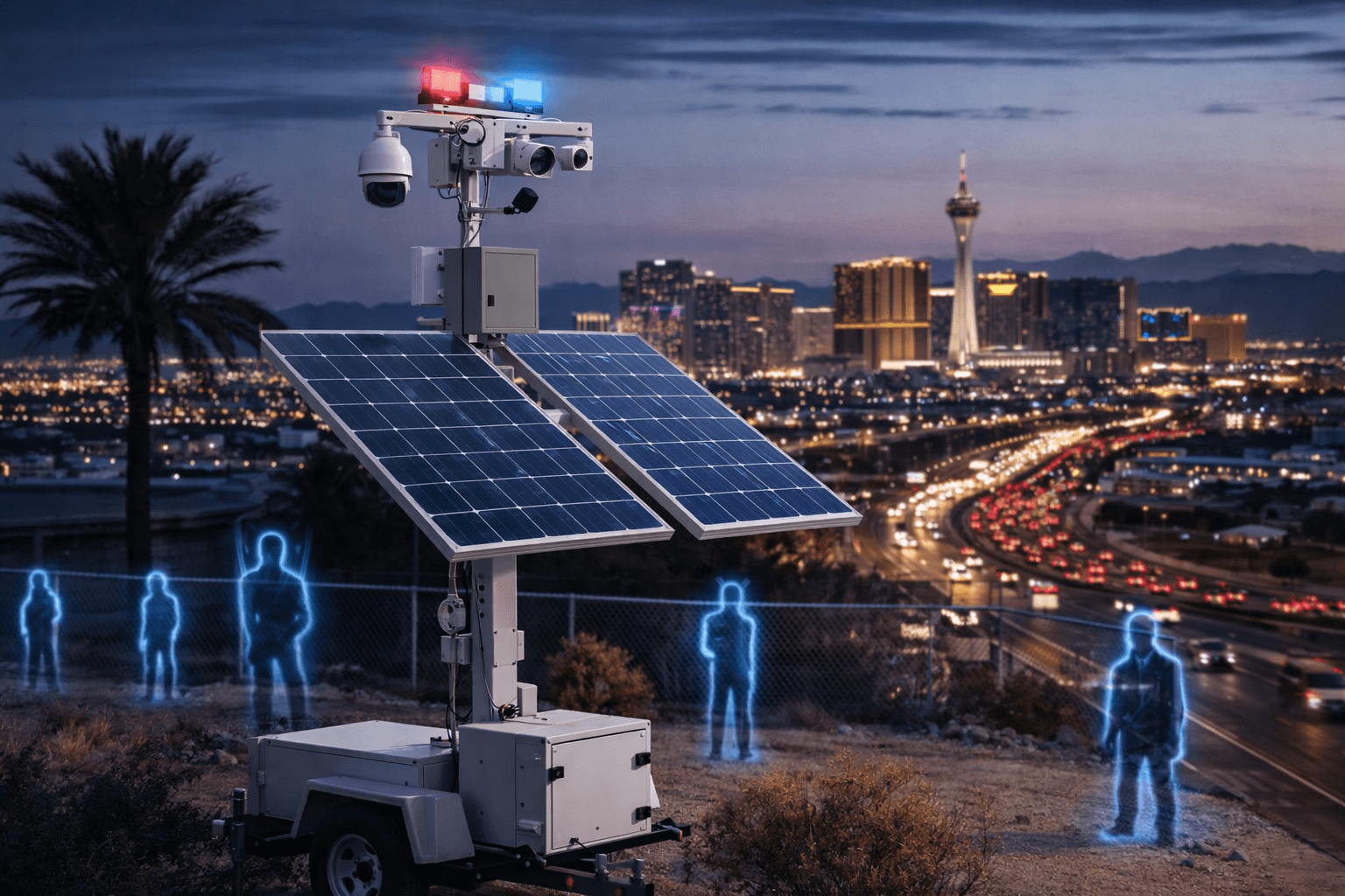 Solar-powered mobile surveillance trailer with cameras and edge AI overlooking Las Vegas at dusk.