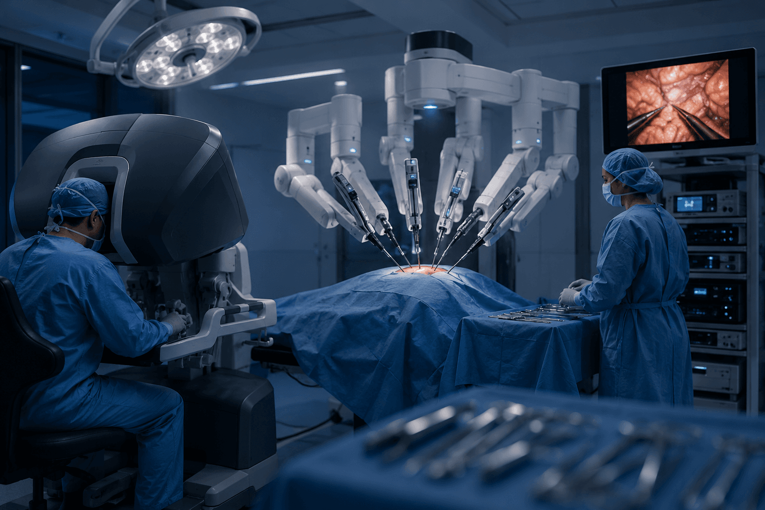 Modern robot-assisted surgical platform with multiple robotic arms in a sterile operating room.