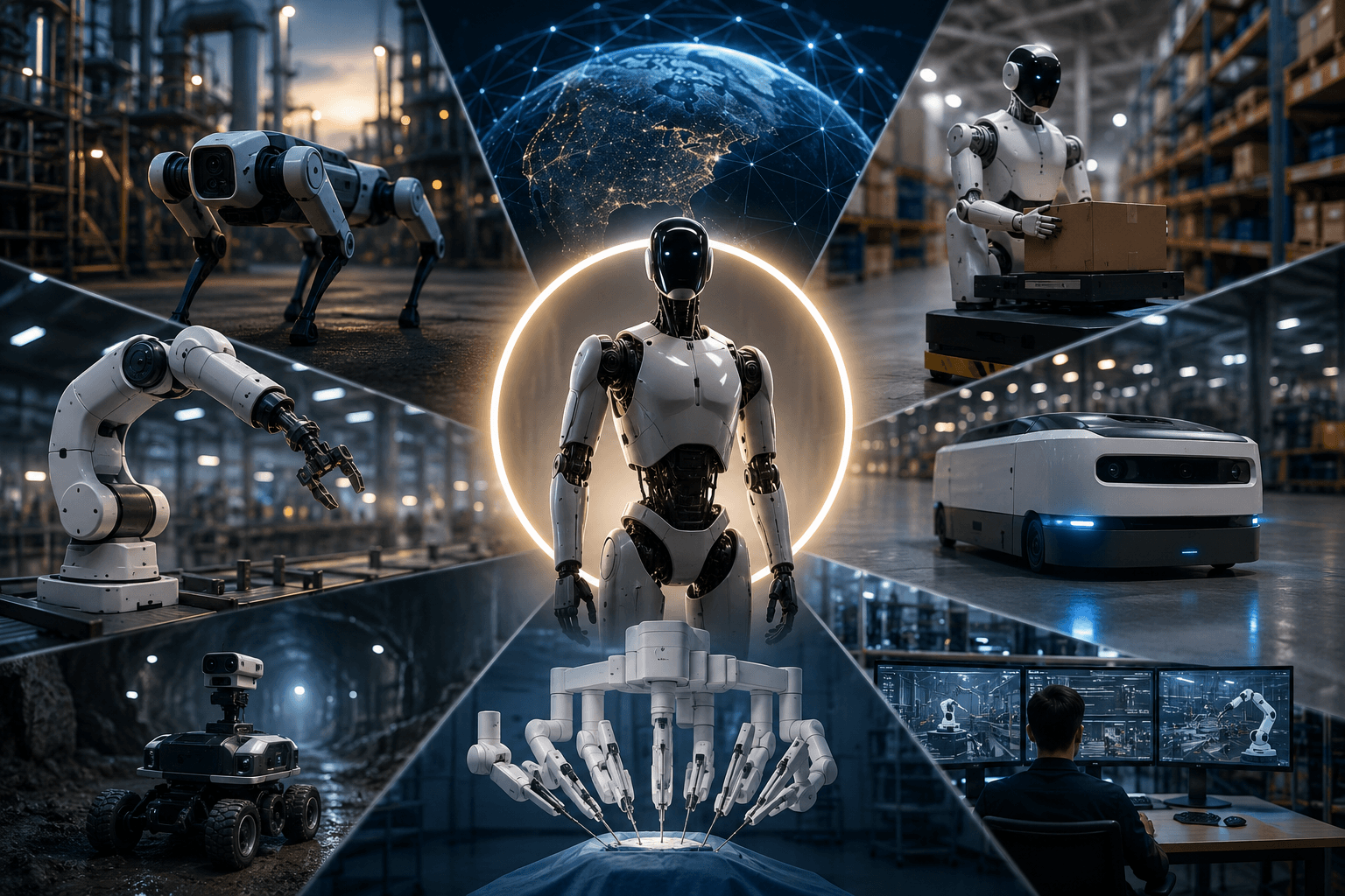 Physical AI collage with robots, industrial sites, warehouses, autonomous systems, and connected intelligence.