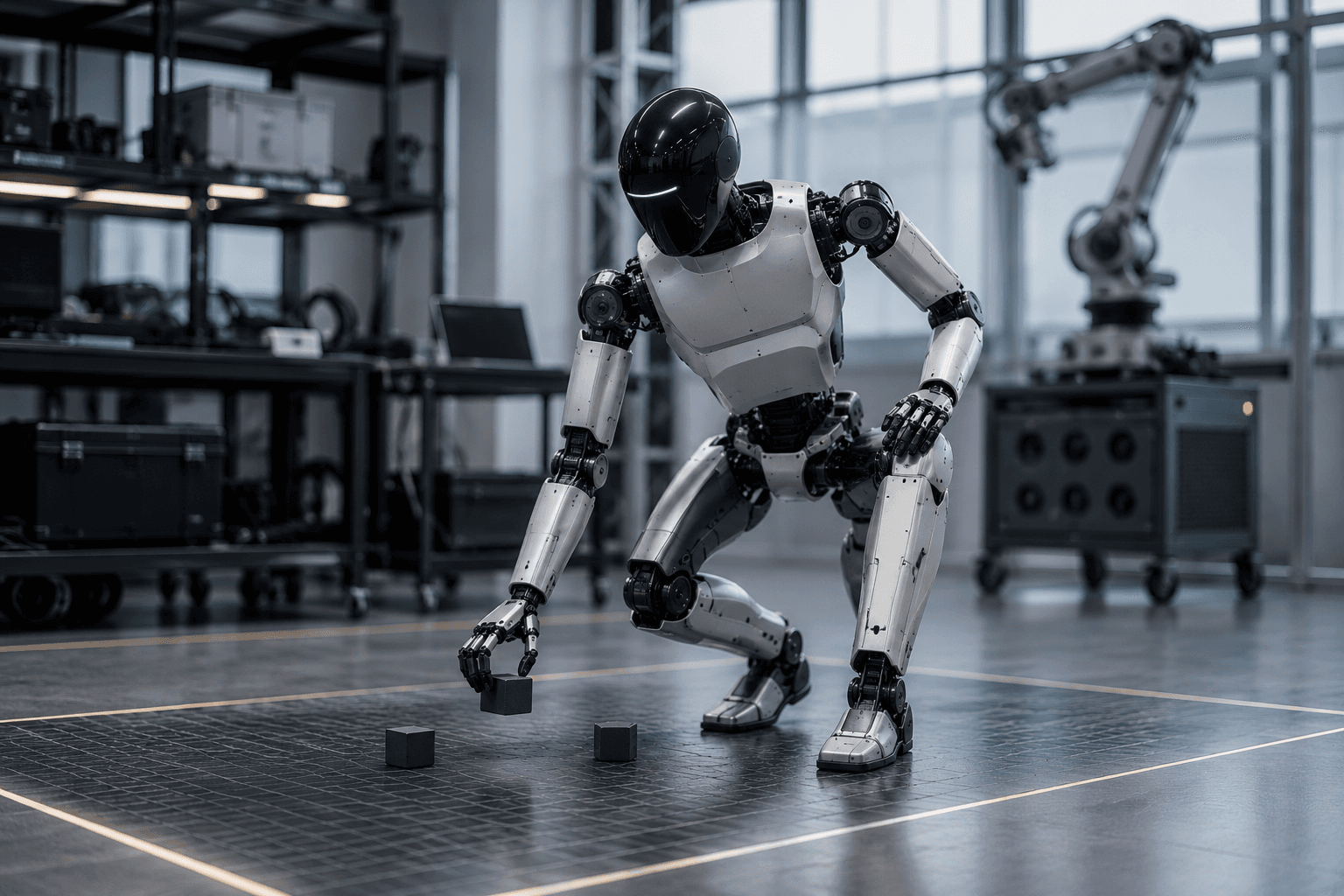 Unitree G1-style humanoid robot testing object manipulation in a robotics lab.