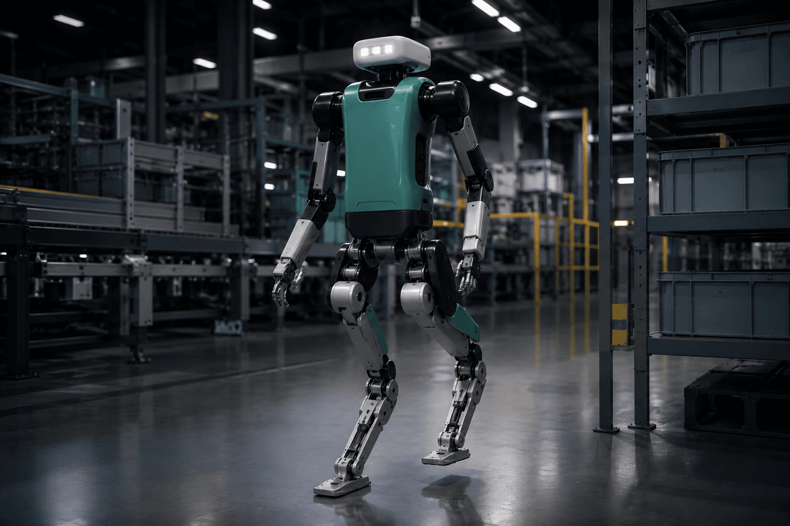 Agility Robotics Digit-style humanoid robot walking through a warehouse aisle near storage totes.