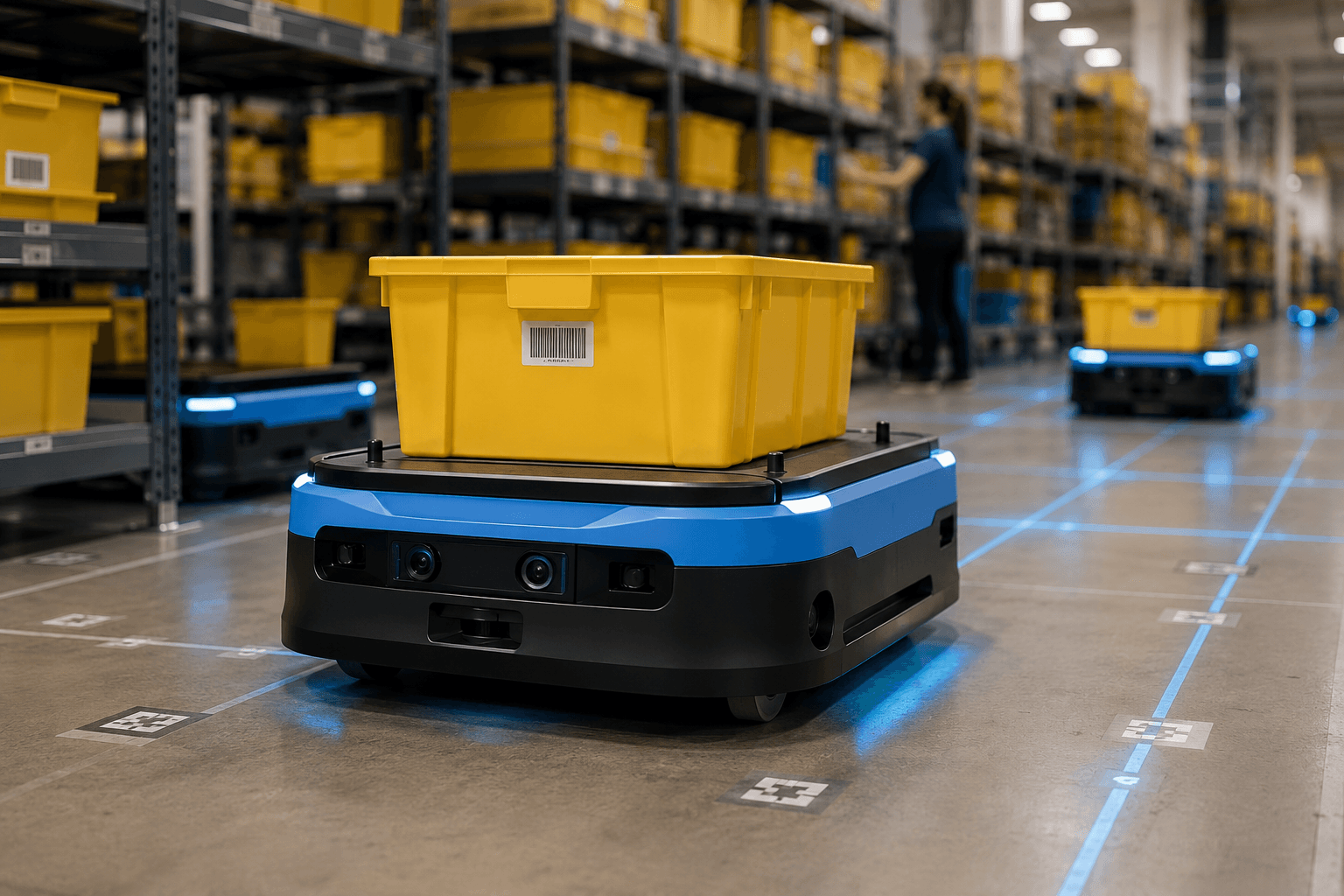 Amazon Proteus-style autonomous mobile warehouse robot carrying a yellow tote through a fulfillment center aisle.