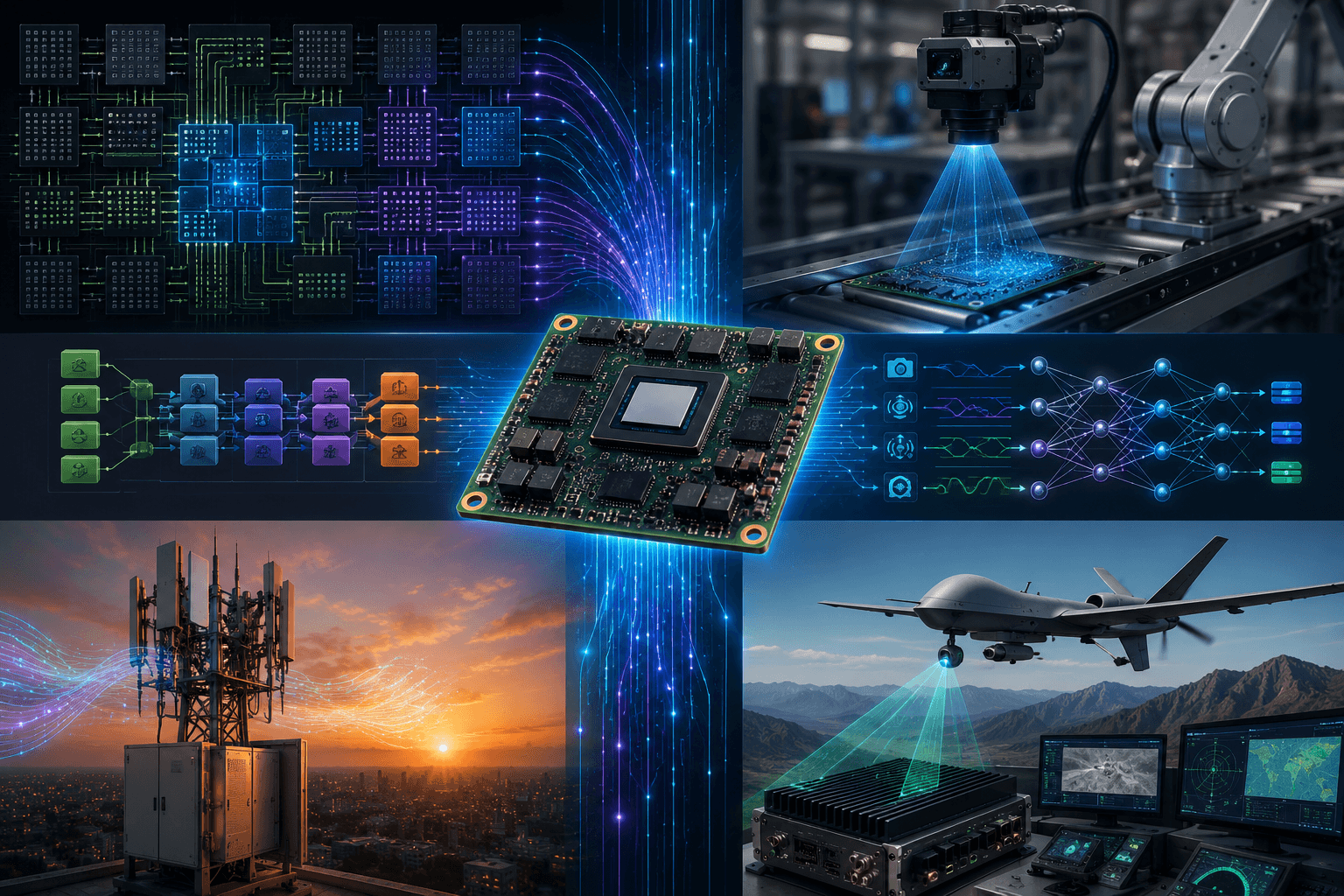 AMD Kria K26 adaptive system-on-module represented across robotics, industrial vision, 5G infrastructure, and neural network acceleration pipelines.