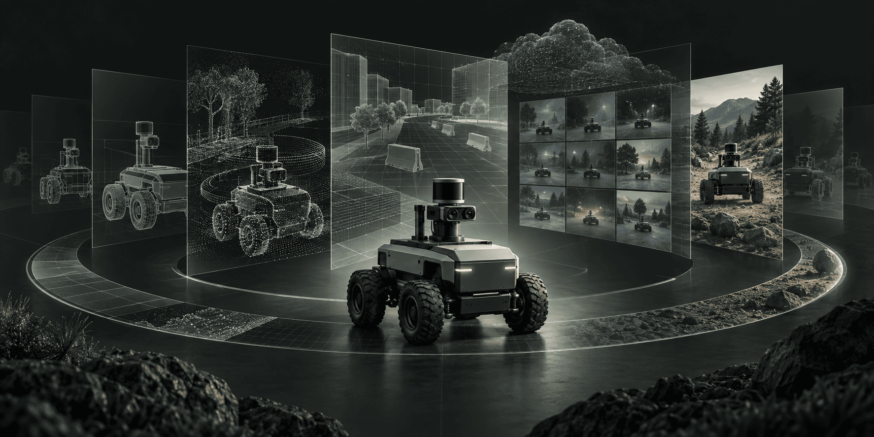 Editorial illustration of a mobile robot surrounded by layered digital twins and simulated operating environments