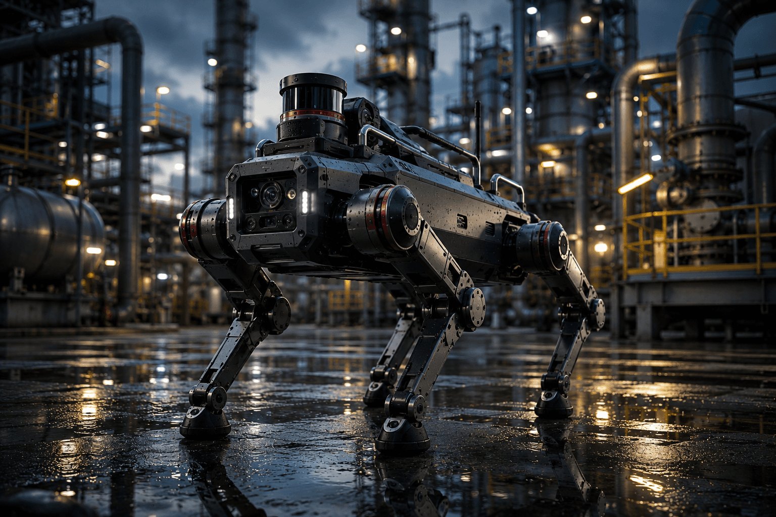ANYbotics ANYmal-style quadruped inspection robot operating in a wet industrial plant.
