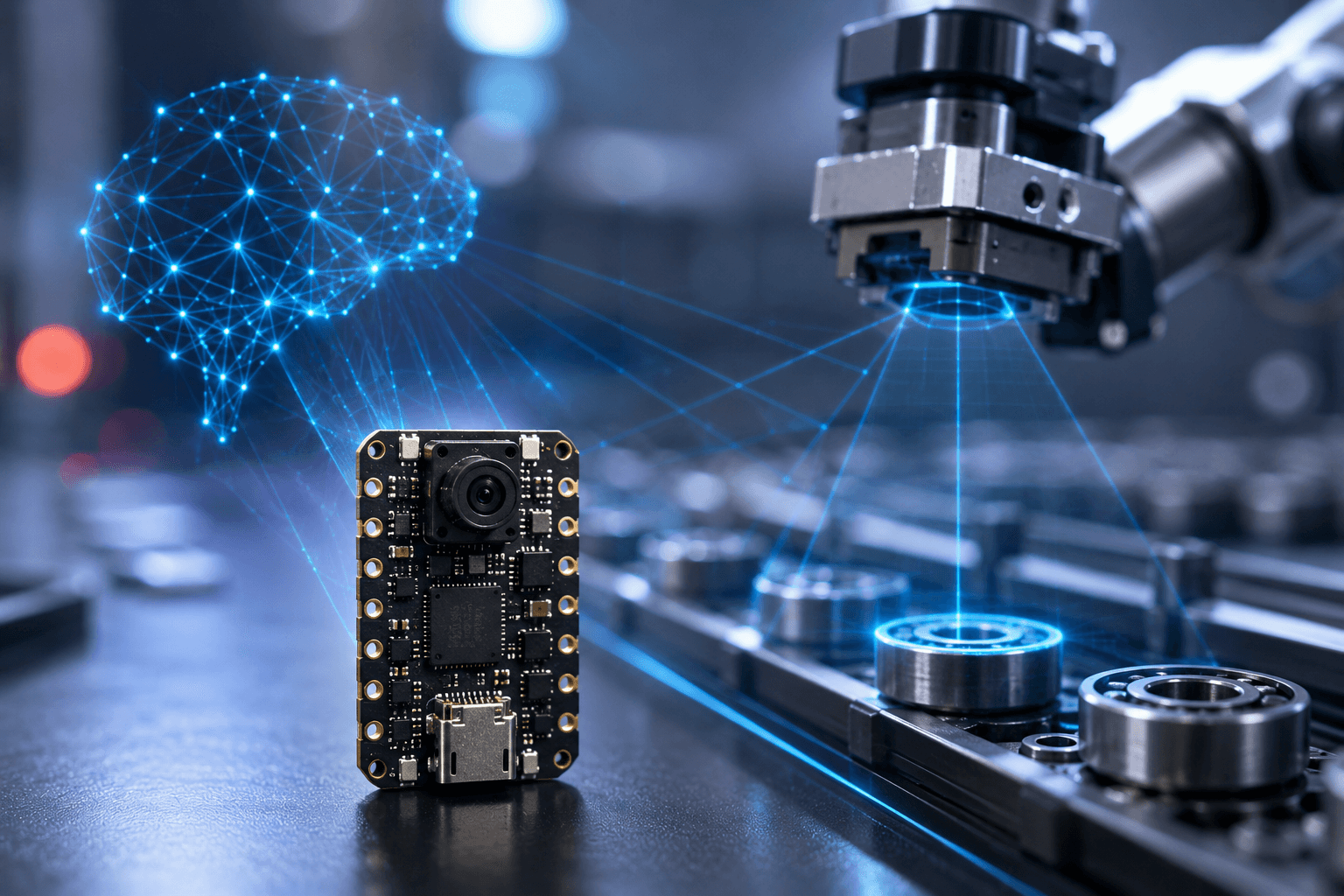 Arduino Nicla Vision represented as a TinyML and low-power edge AI board for predictive maintenance and industrial sensing.