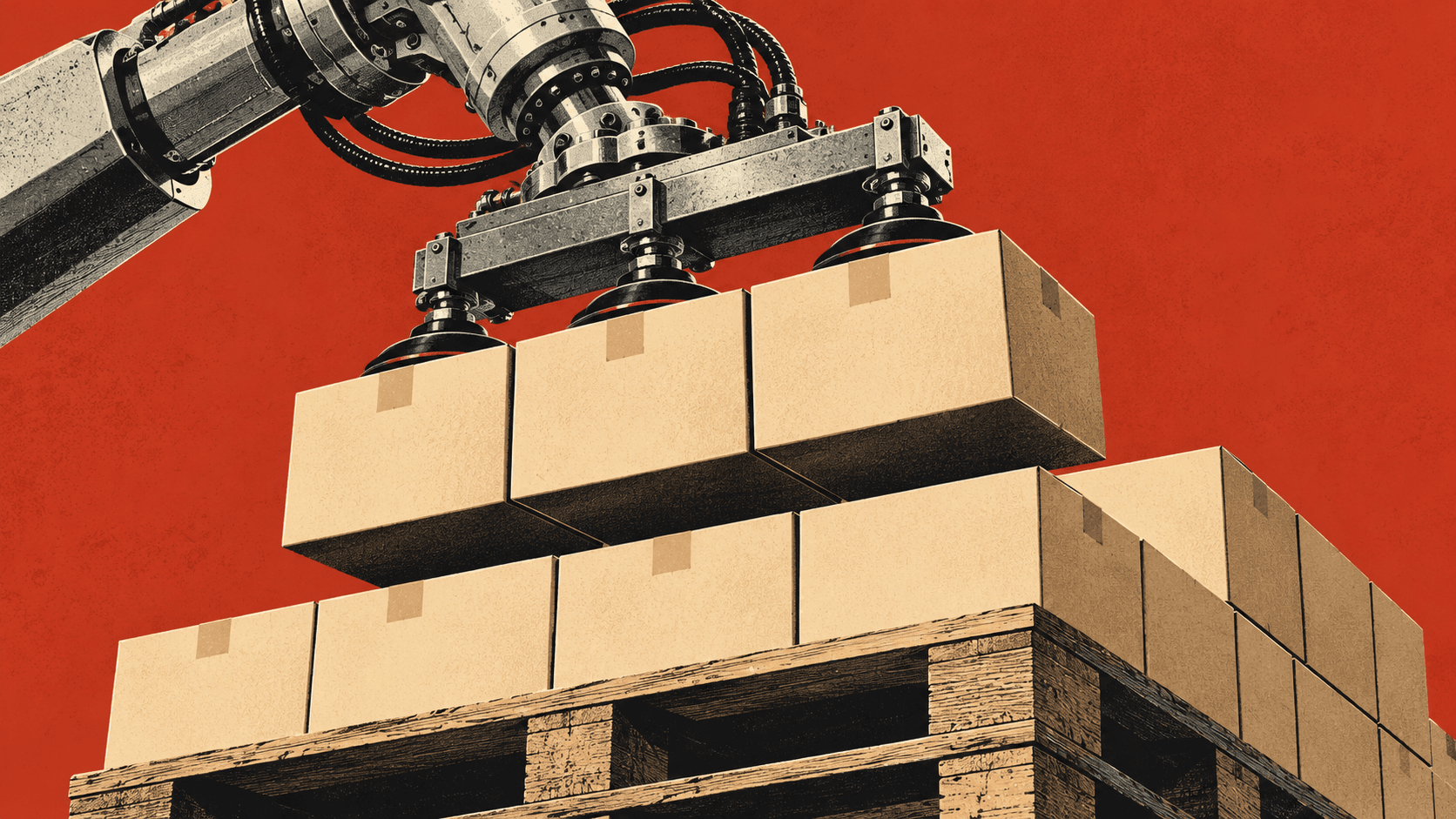 Screen print style editorial illustration of a robotic vacuum gripper lifting three cartons above a loaded pallet against a red background