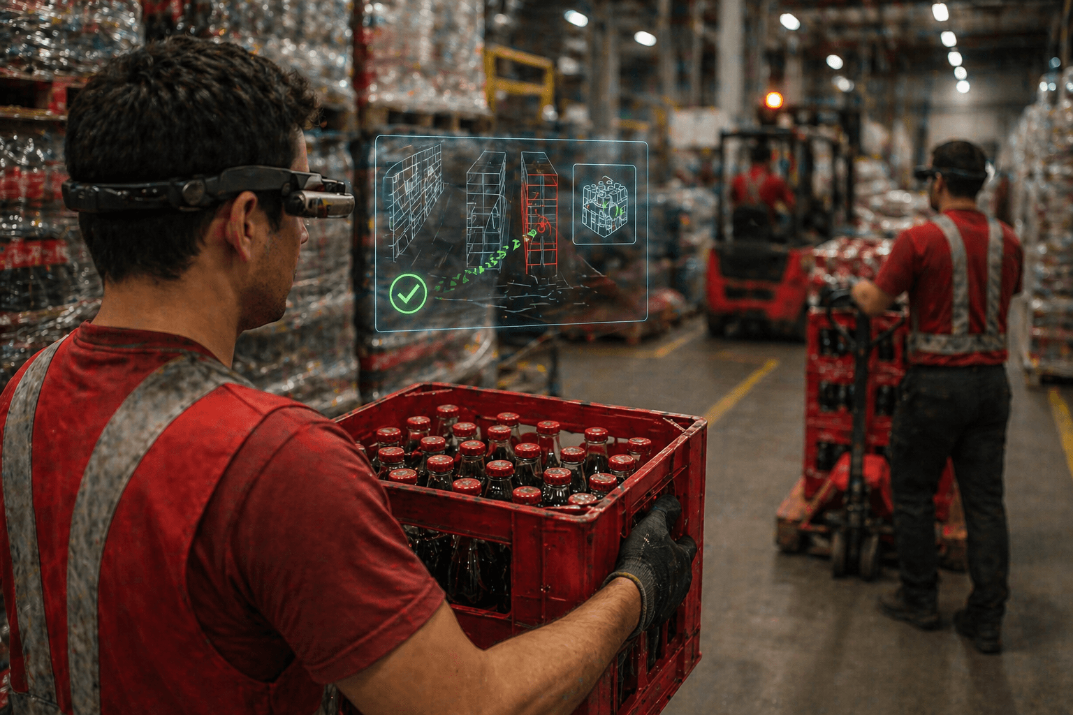 Warehouse worker using AR smart glasses for hands-free beverage picking and logistics guidance inside a distribution center.