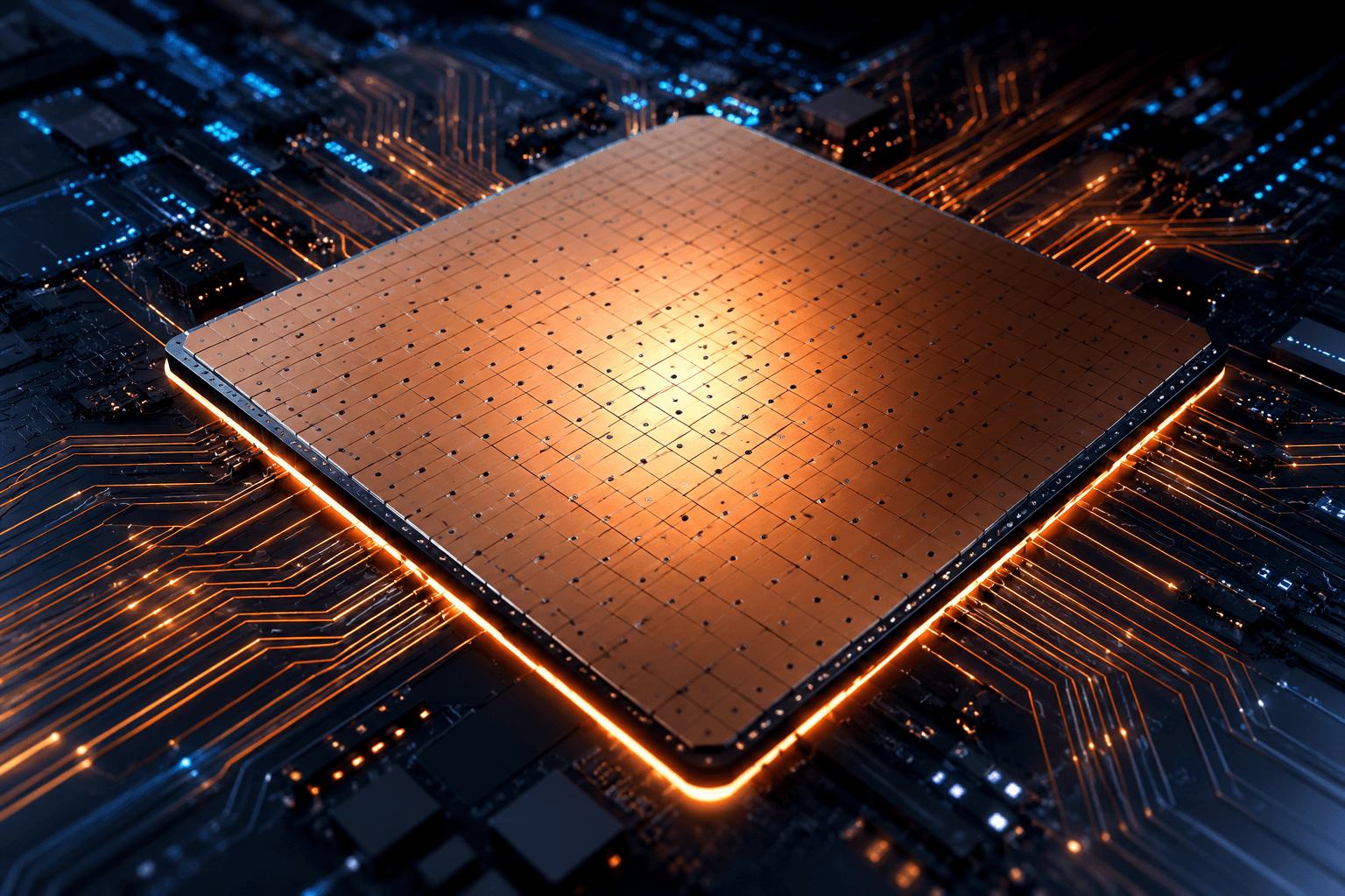 Cerebras wafer-scale AI processor represented as a giant monolithic silicon surface lit across a high-performance circuit board.