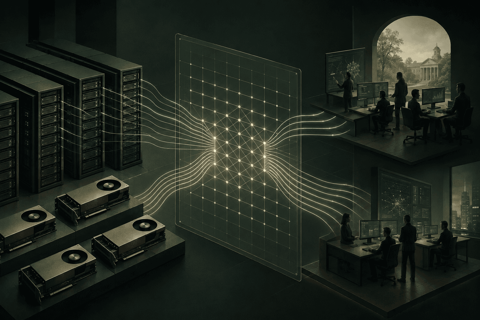 Editorial visualization of GPU servers and physical accelerators being matched with university and enterprise buyers through a central digital marketplace.