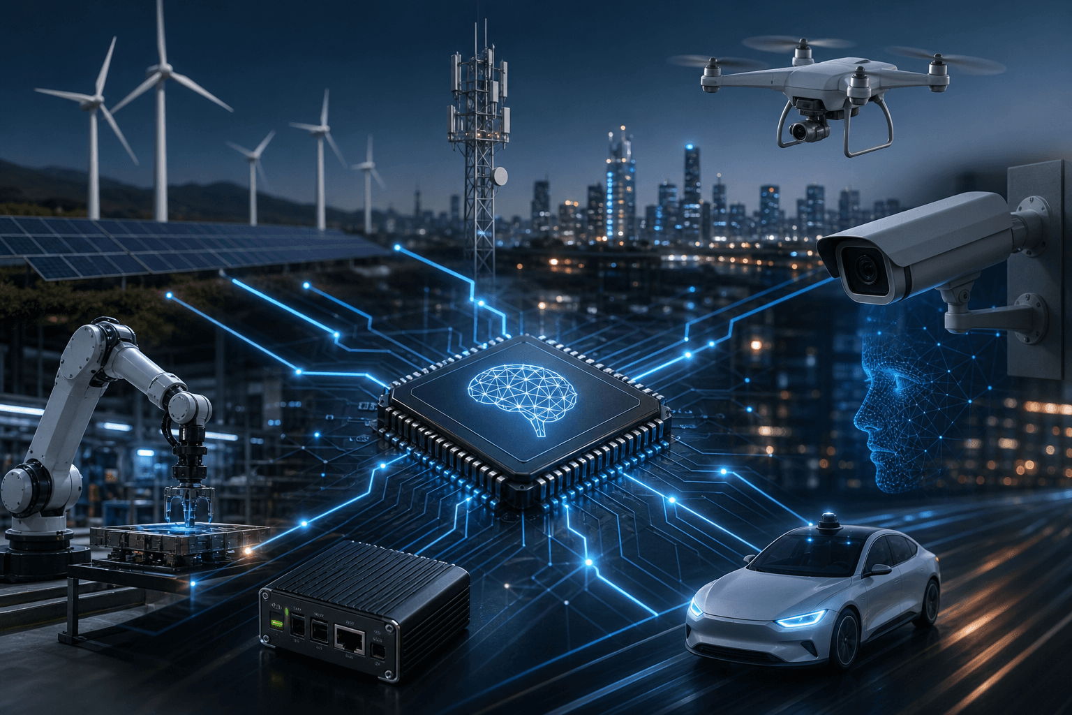 Composite visualization of edge AI platforms including robotics, drones, smart cameras, autonomous vehicles, industrial compute, and a central AI processor.