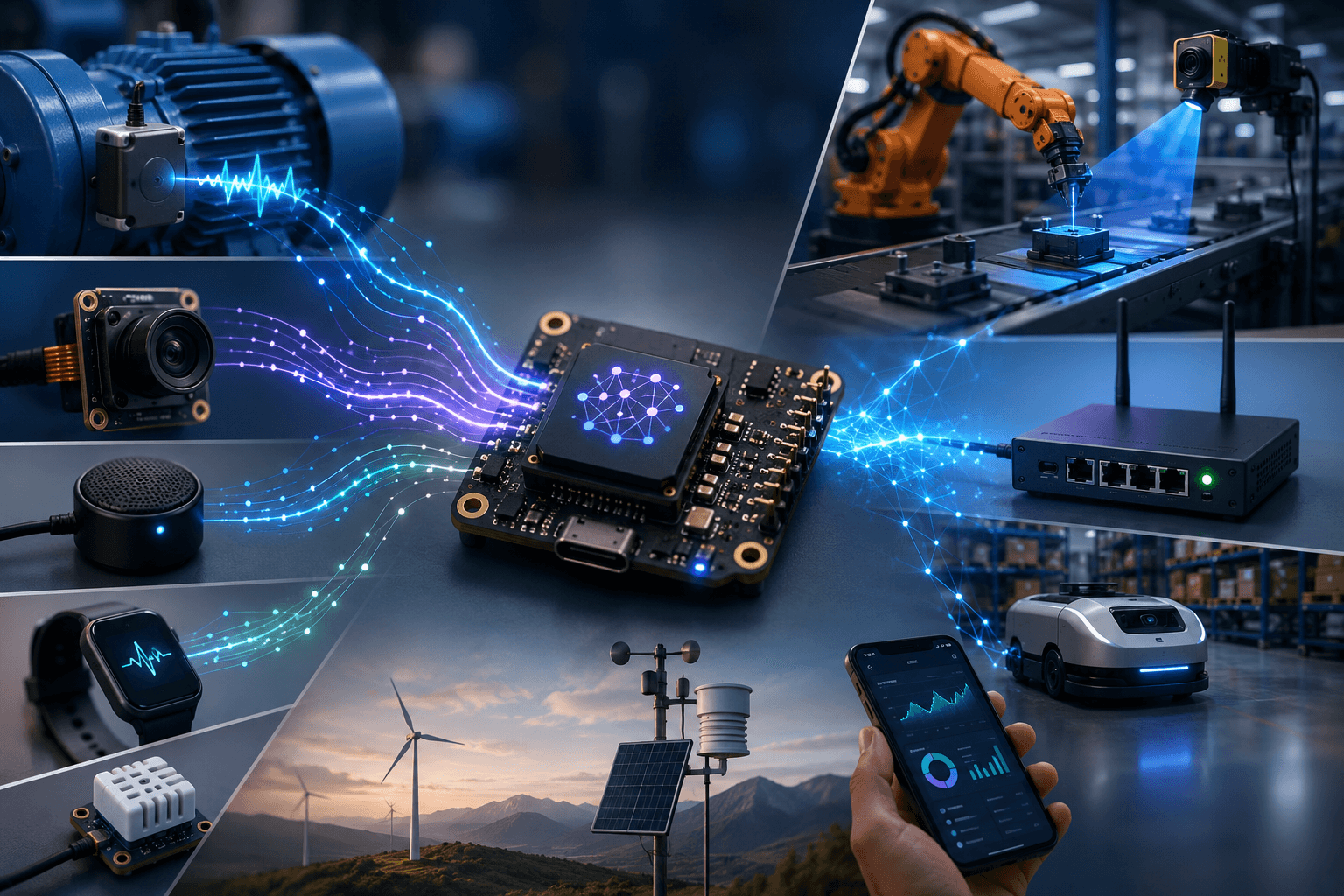 Embedded AI collage with sensors, cameras, industrial robots, gateways, smart devices, environmental monitoring, and edge inference hardware.