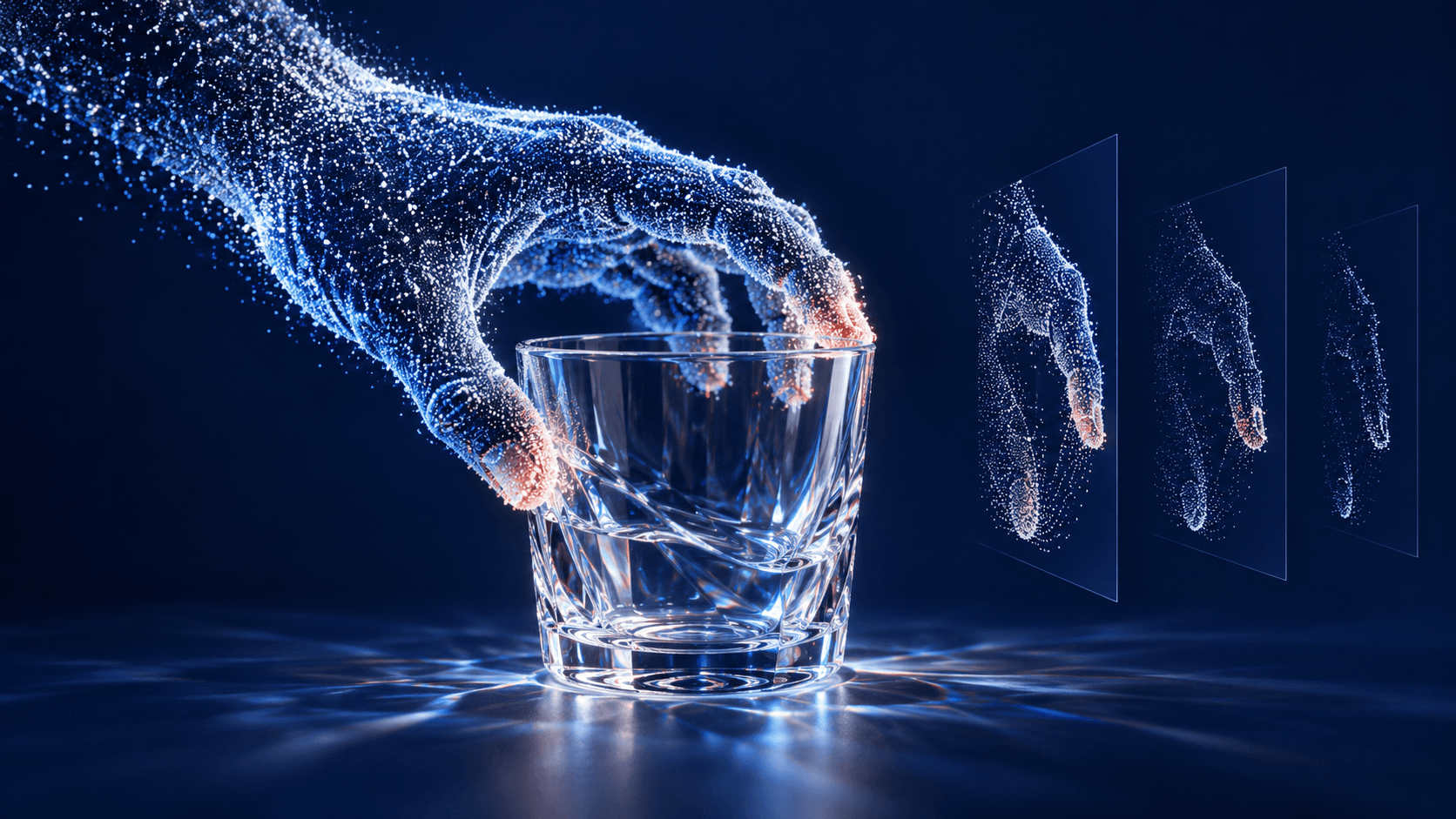 Editorial illustration of a luminous particle hand grasping a glass, with layered spatial reconstructions beside it.