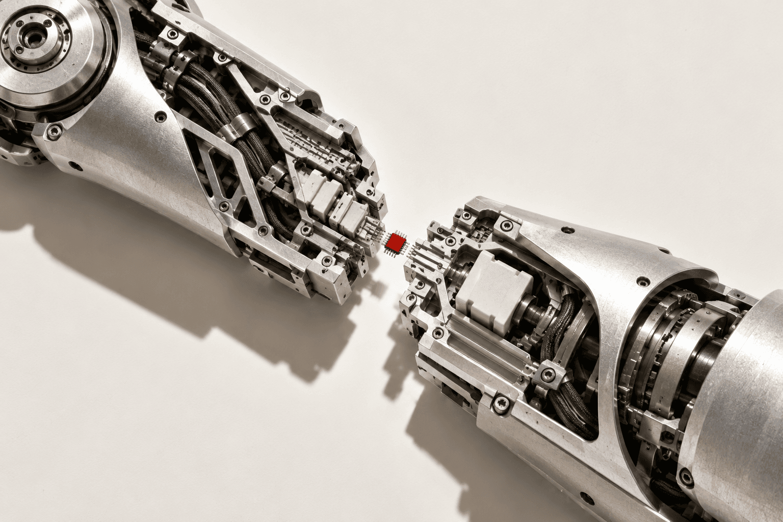 Overhead editorial interpretation of two open machined robot assemblies separated by a gap bridged by a small red electronic chip.