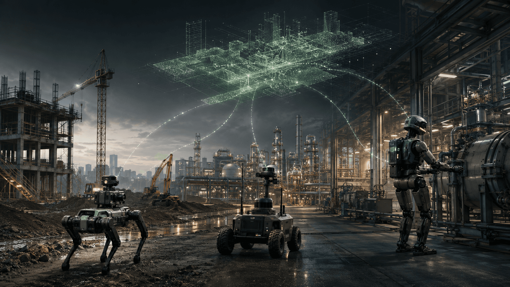 Editorial visualization of a quadruped, wheeled rover, and humanoid sharing an industrial autonomy and digital twin system