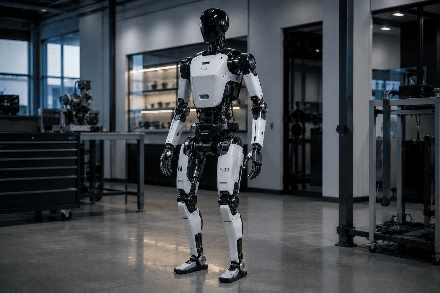 Figure 03-style humanoid robot standing in an industrial robotics lab.