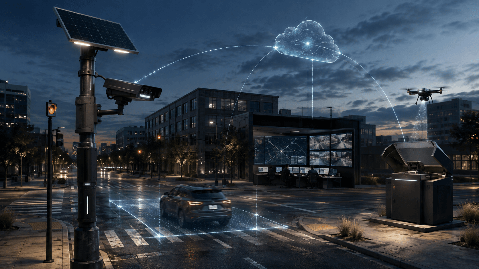 Connected public safety system with a solar roadside camera, vehicle sensing, cloud analytics, an operations center, and a response drone.
