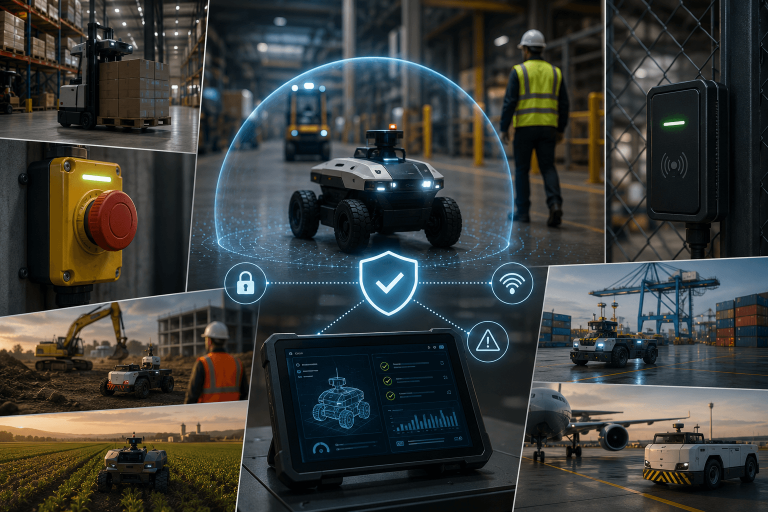 Autonomous machines operating near workers with wireless emergency stop, safety envelope, access control, and remote supervision dashboard.