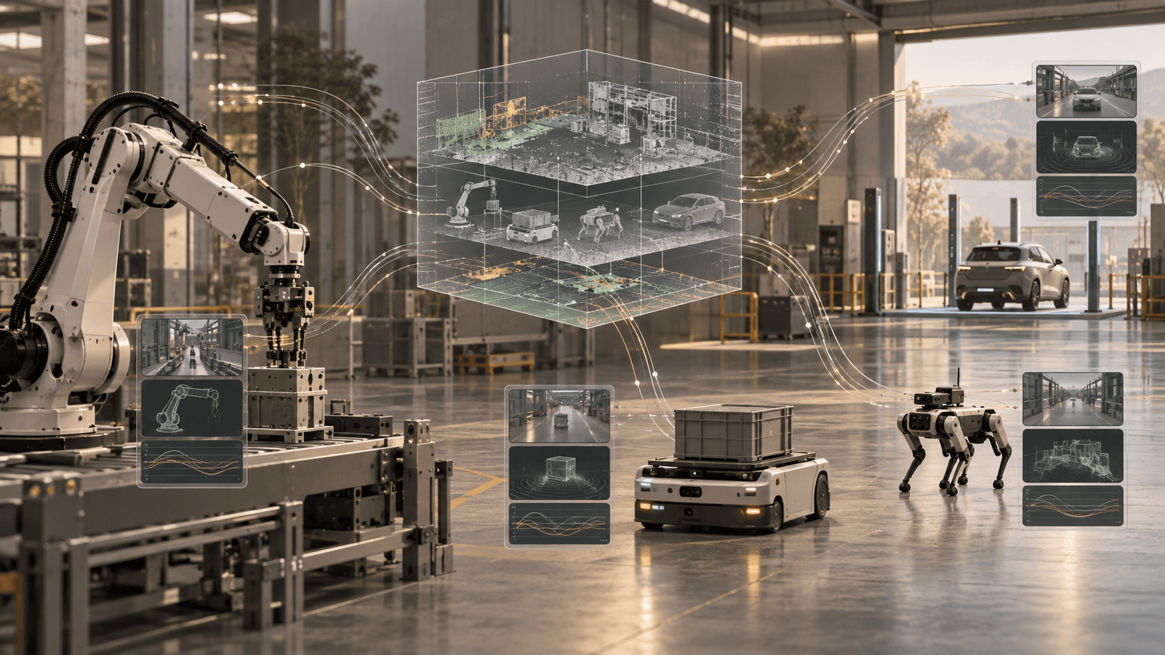 Editorial illustration of industrial robots, an autonomous vehicle, and synchronized sensor data flowing into one observability platform
