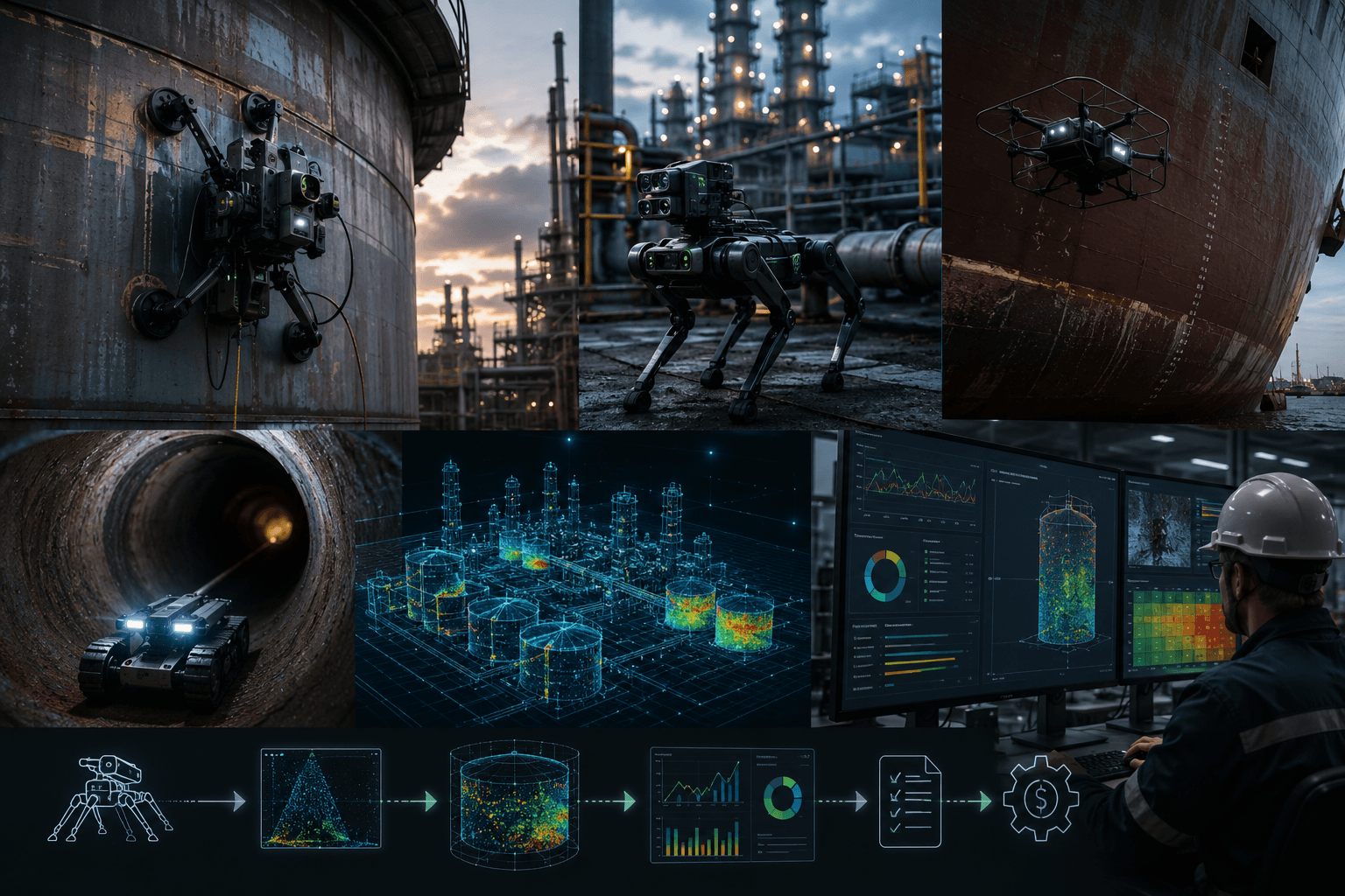 Gecko Robotics-style industrial inspection robots, drones, tanks, ships, pipelines, and asset-health dashboards turning physical infrastructure data into maintenance decisions.