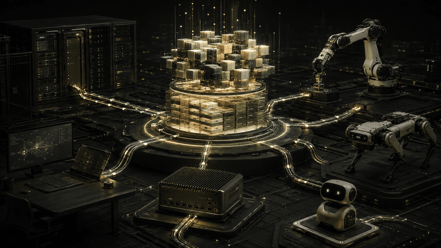 Editorial visualization of an open AI model and dataset hub connecting enterprise compute, edge hardware, and several robot platforms