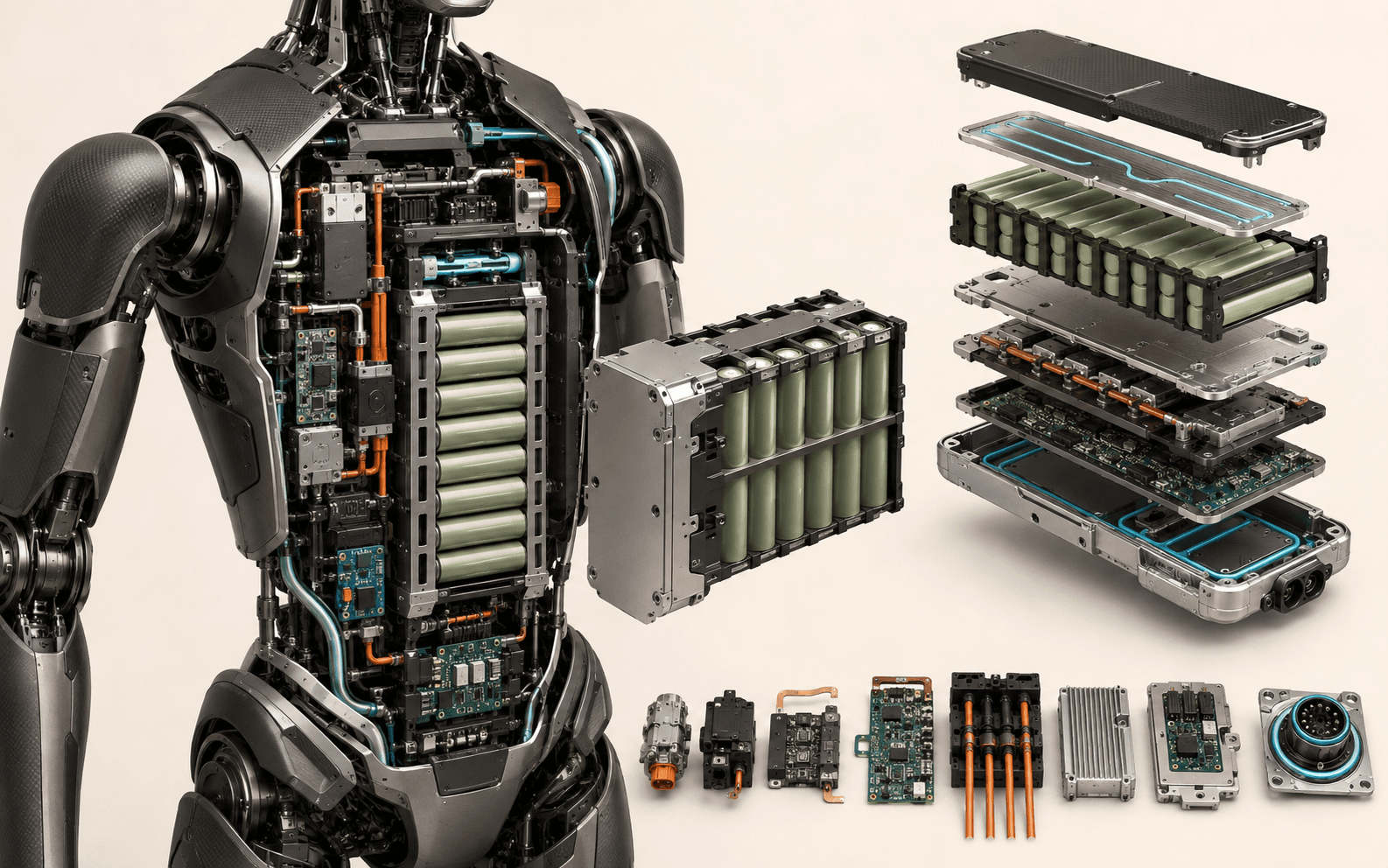 Humanoid torso battery system with cylindrical cells, structural pack, BMS, contactors, fuses, busbars, converters, cooling, and charging hardware.