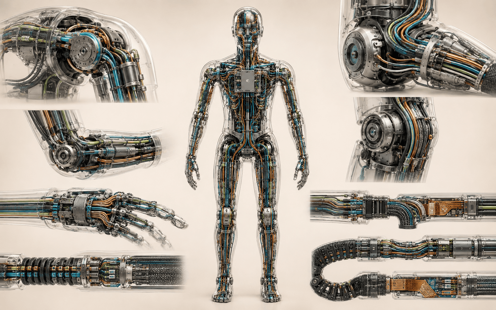 Transparent humanoid body showing power, motor, sensor, camera, control, and safety cable routes through hollow joints and flex zones.