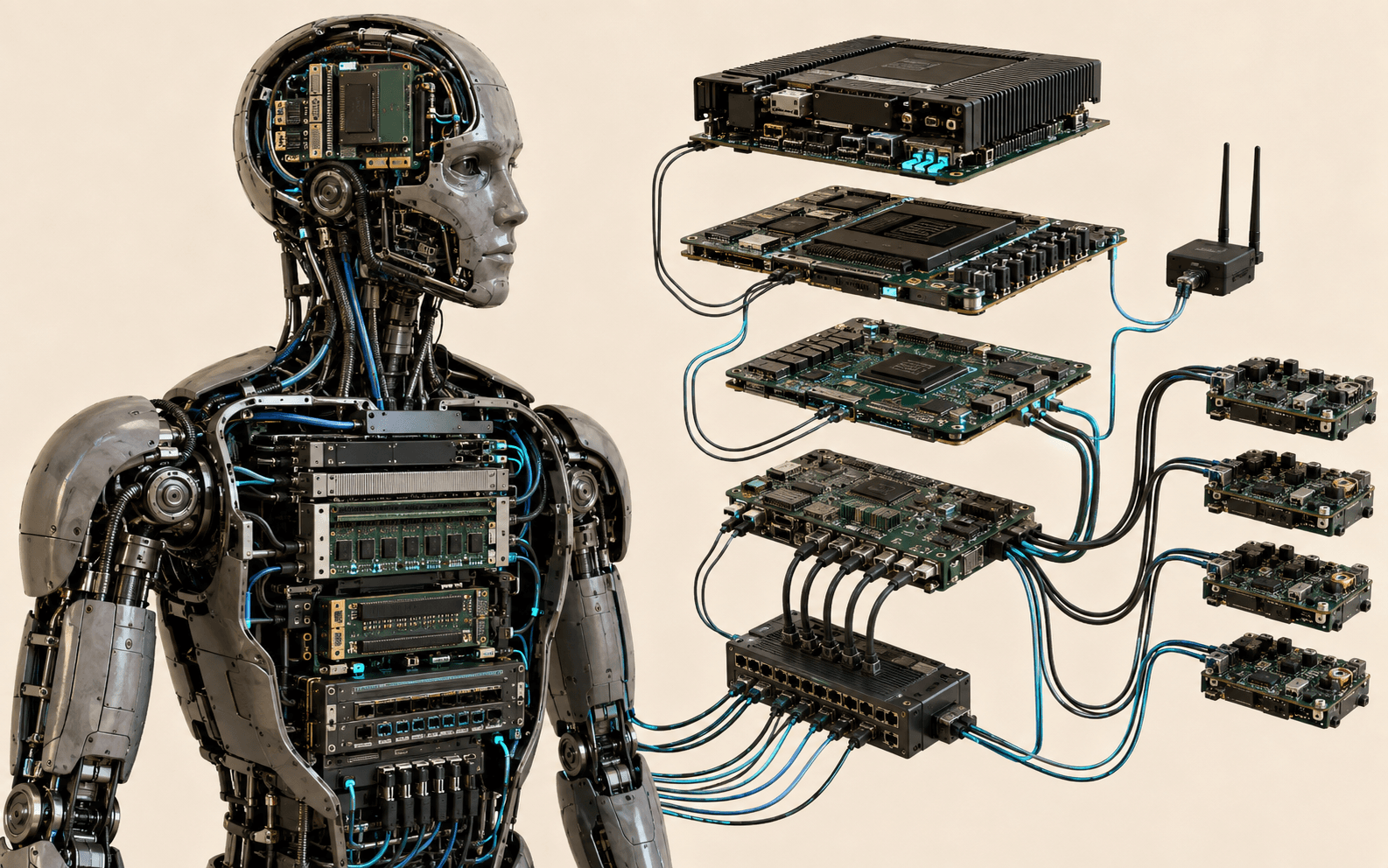 Humanoid compute hierarchy with edge AI module, GPU board, real time controller, network switch, safety electronics, and distributed joint control boards.