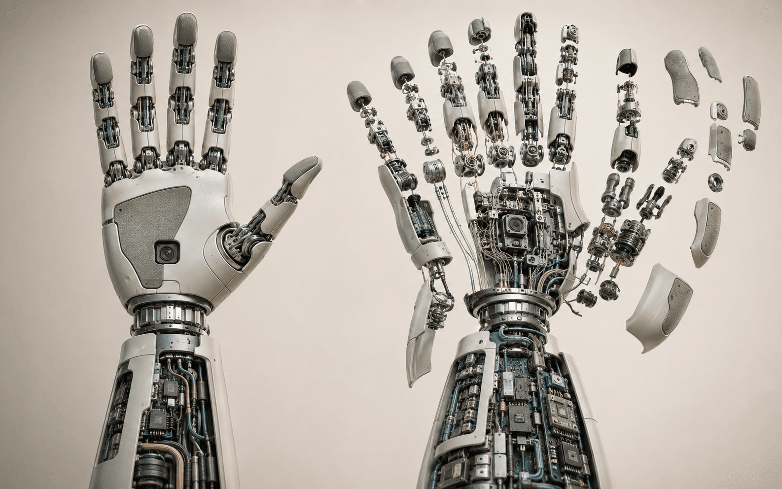 Humanoid robotic hands showing finger mechanisms, tendons, motors, tactile pads, palm camera, wrist sensing, and forearm electronics.