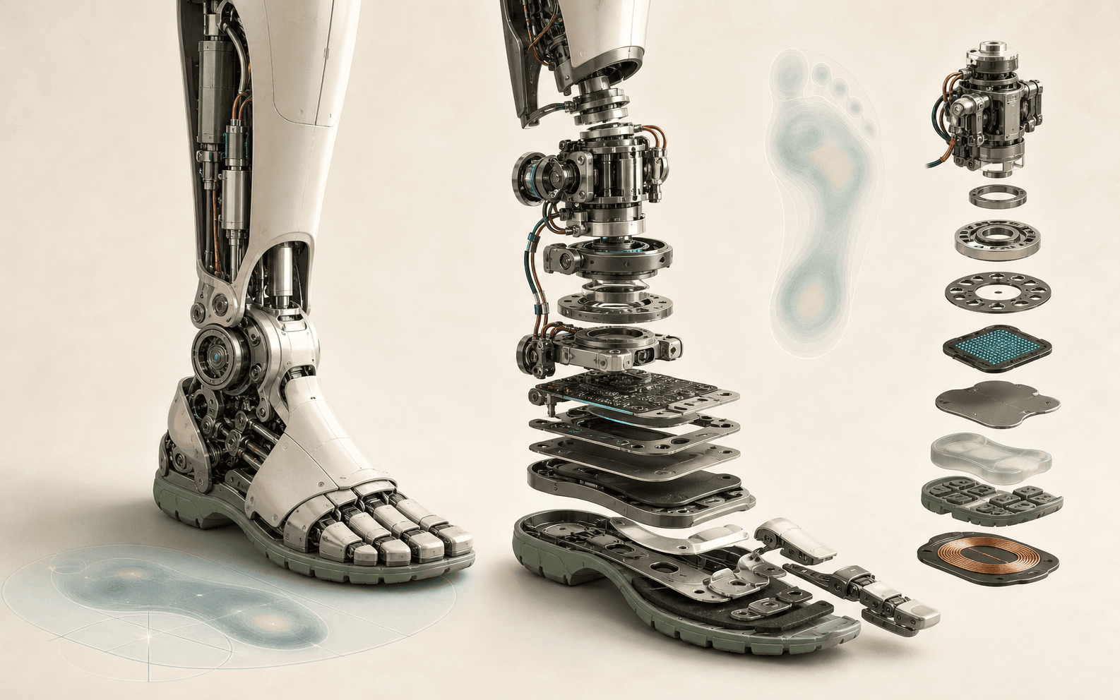 Exploded humanoid ankle and foot showing actuators, bearings, force torque sensing, pressure sensors, compliant tread, toe, wiring, and charging coil.