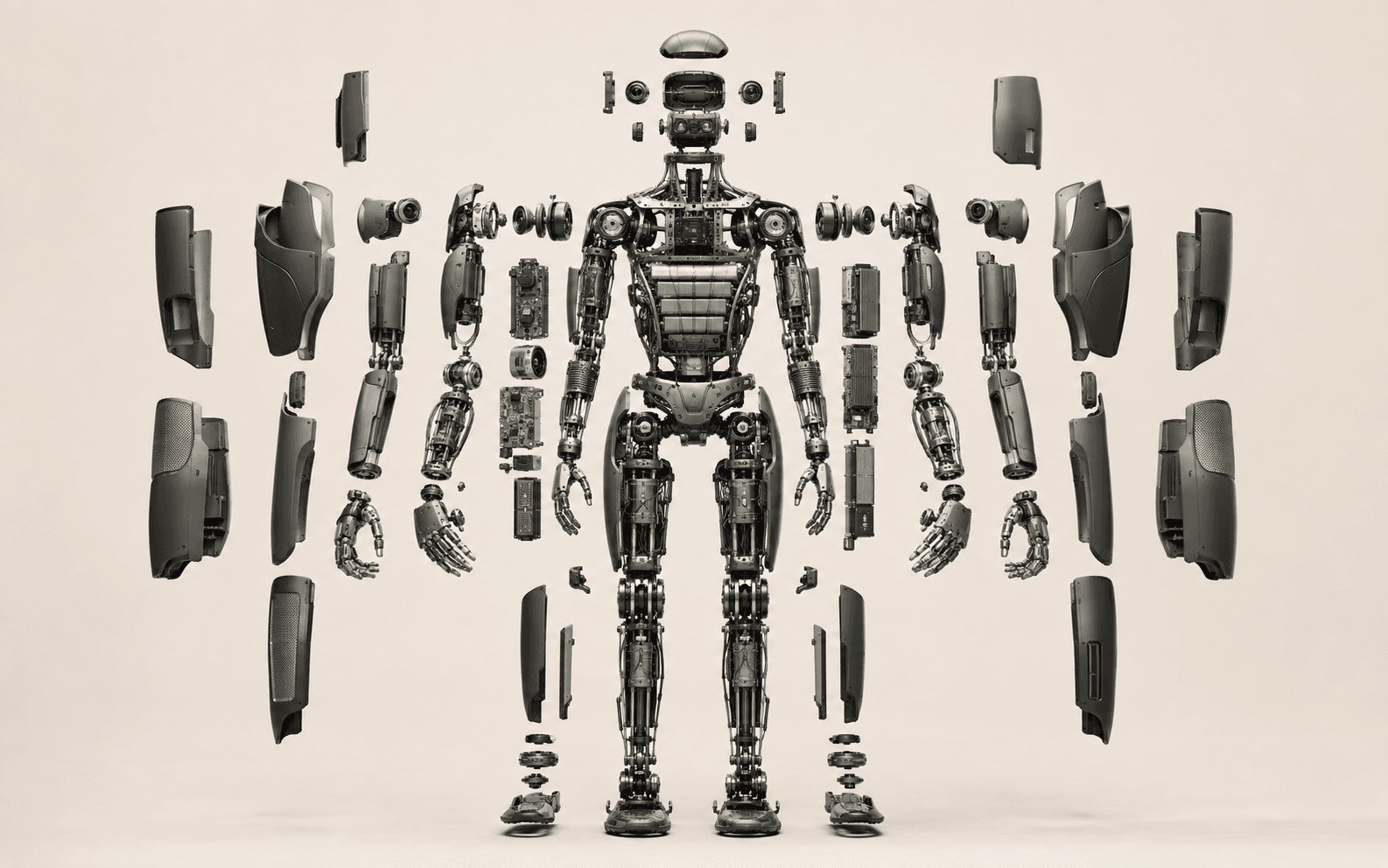 Exploded anatomy of a humanoid robot showing its skeleton, joints, hands, battery, compute, sensors, wiring, and protective shell.