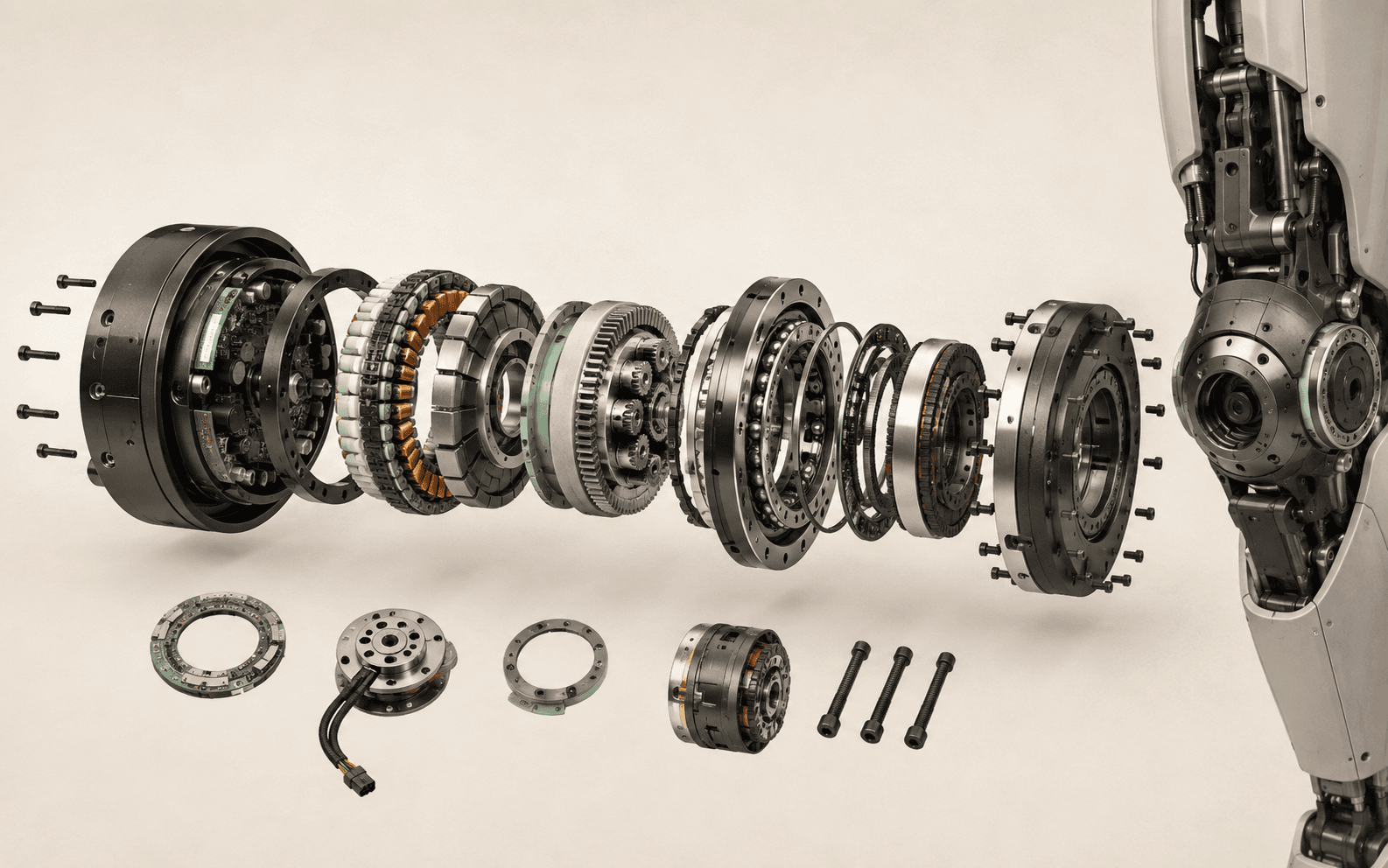 Exploded humanoid joint actuator with motor, controller, gears, bearings, encoders, torque sensing, brake, hollow bore, and housing.
