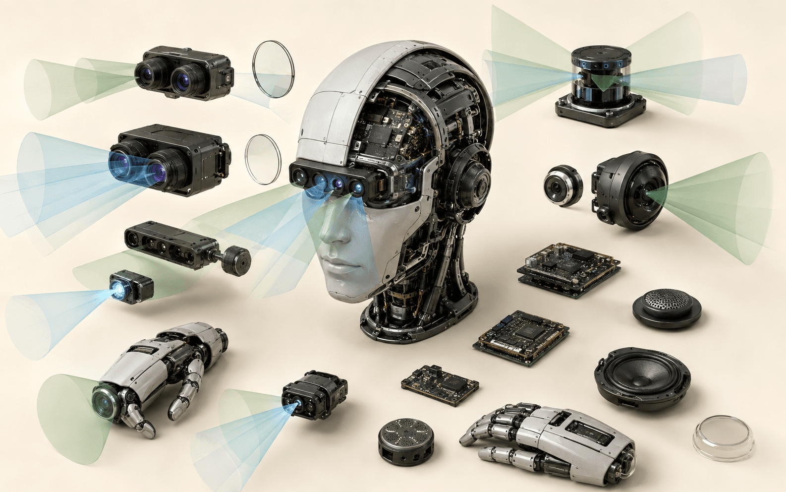 Humanoid head and perception modules showing stereo cameras, depth optics, lidar, side cameras, wrist and palm cameras, IMU, microphones, and speaker.
