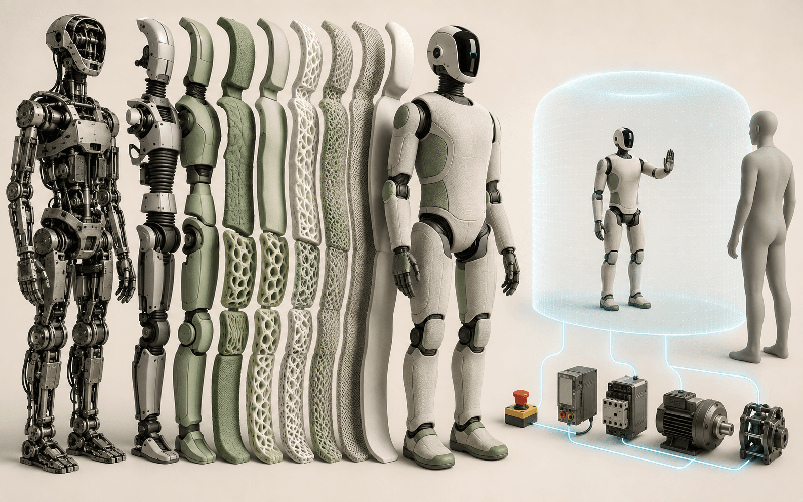 Humanoid protective layers from frame to foam and textile skin alongside an independent safety controller, E stop, contactor, brake, and human sensing zone.