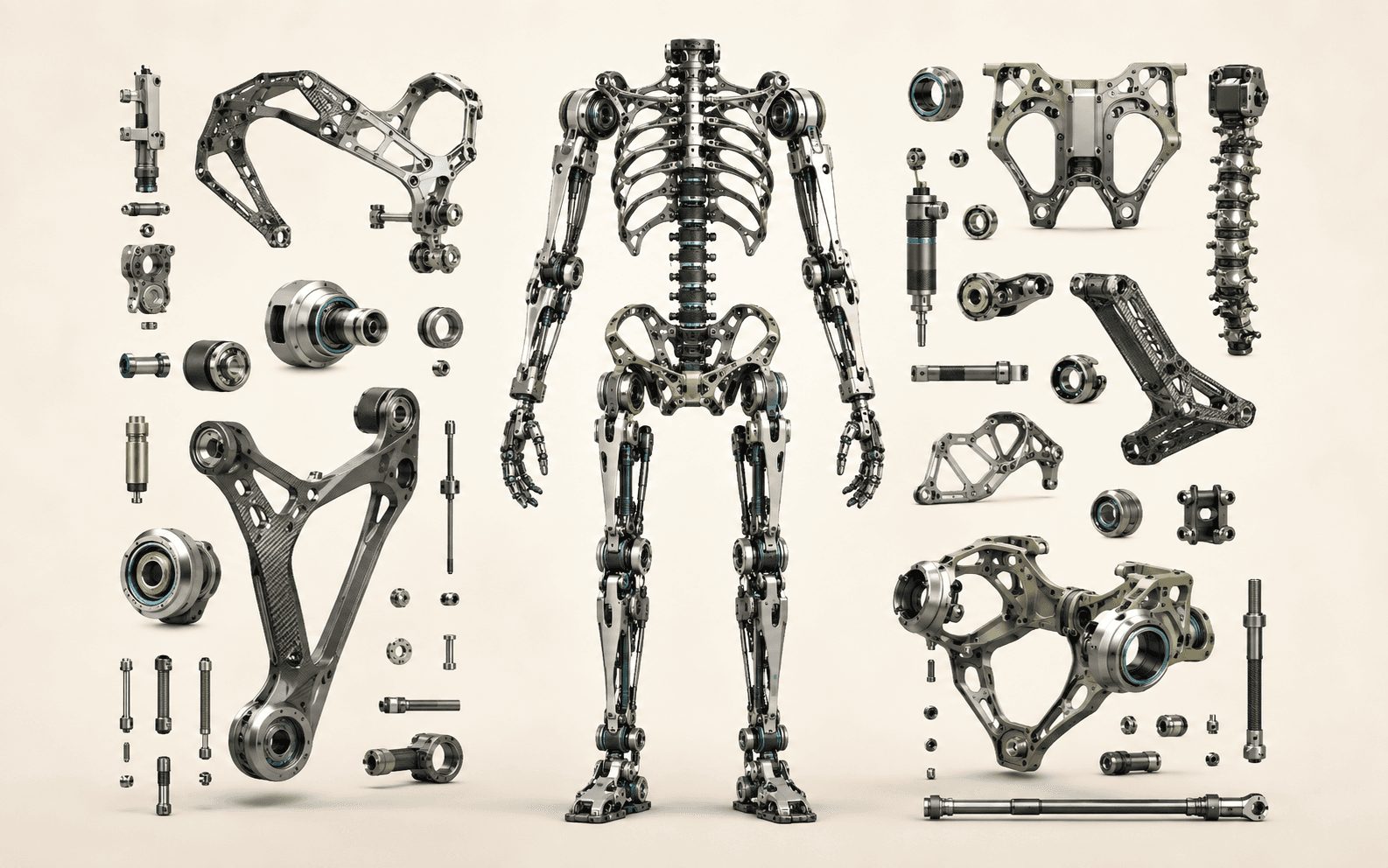 Humanoid robot skeleton with torso frame, pelvis, limb links, bearings, shafts, and structural interfaces separated for inspection.