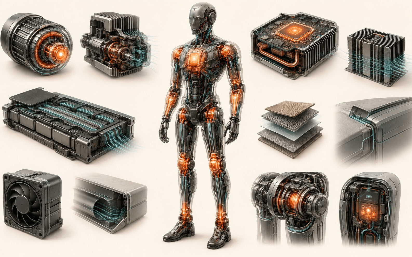 Humanoid thermal map with heat in motors, compute, battery, and joints plus cooling fins, heat pipes, cold plates, fans, and thermal interface materials.