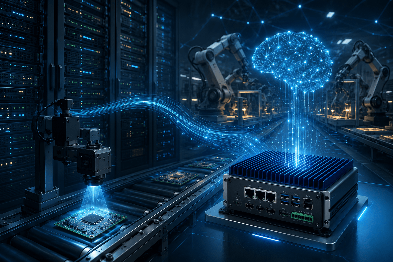 Intel OpenVINO represented as an enterprise edge AI deployment stack spanning industrial cameras, servers, robotics, and localized inference hardware.