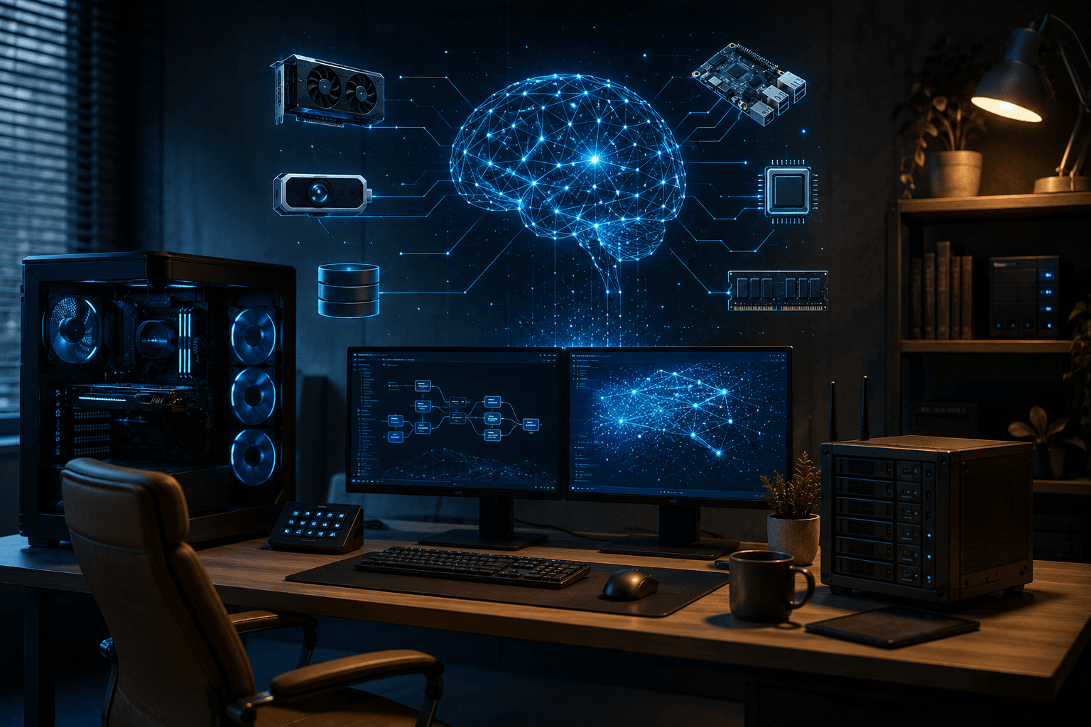 Local AI workstation with GPU, server, edge devices, and AI system components connected around a private inference setup.