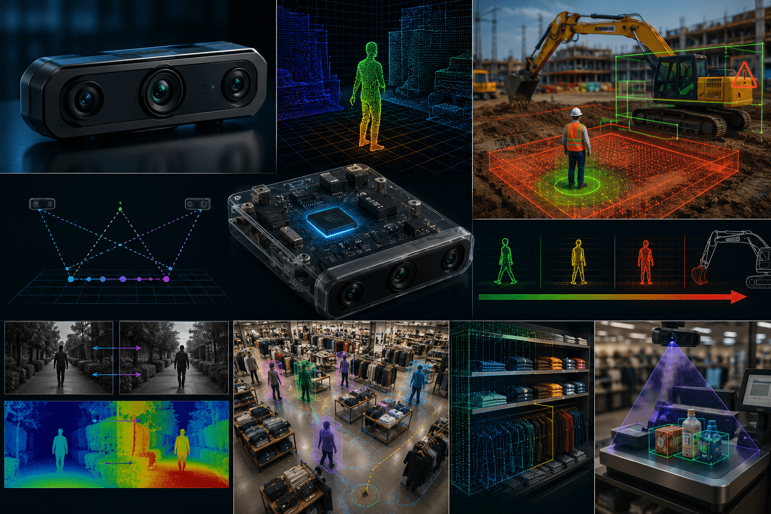 Luxonis OAK-D camera and board shown across spatial AI, stereo depth, construction safety, and retail analytics scenes.