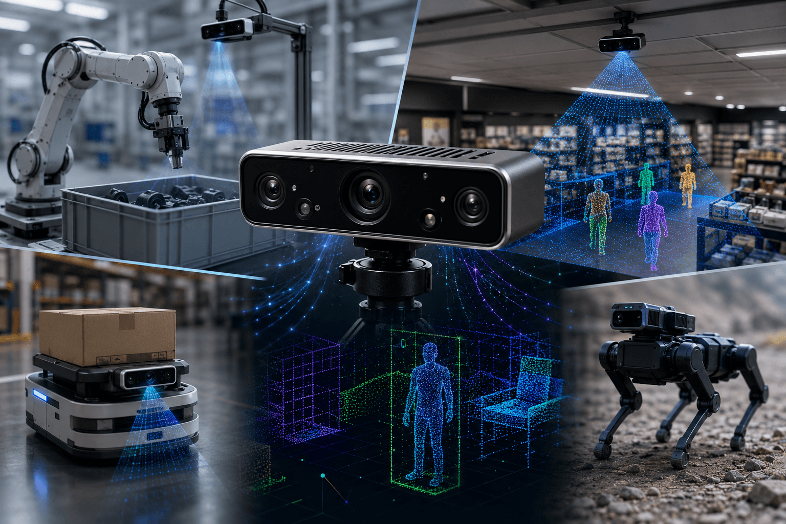Luxonis-style spatial AI camera with depth sensing across robotic arms, AMRs, retail aisles, quadrupeds, and 3D point cloud perception scenes.