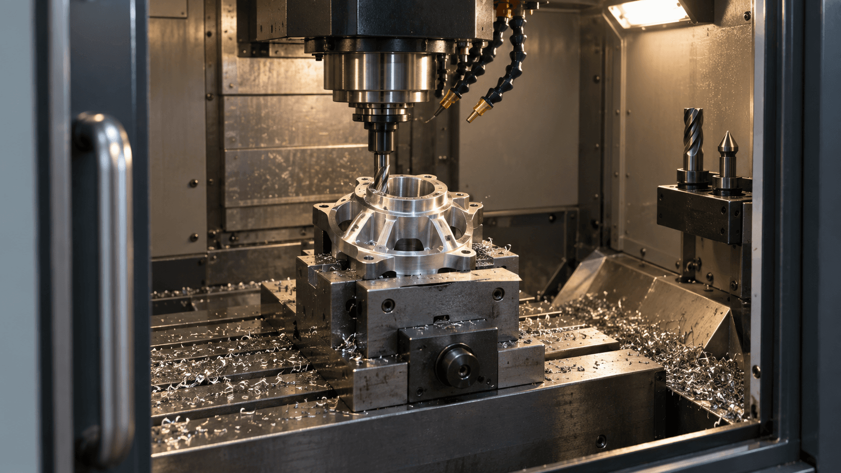Editorial illustration of an aluminum inspection rover wheel hub secured in a CNC machining center