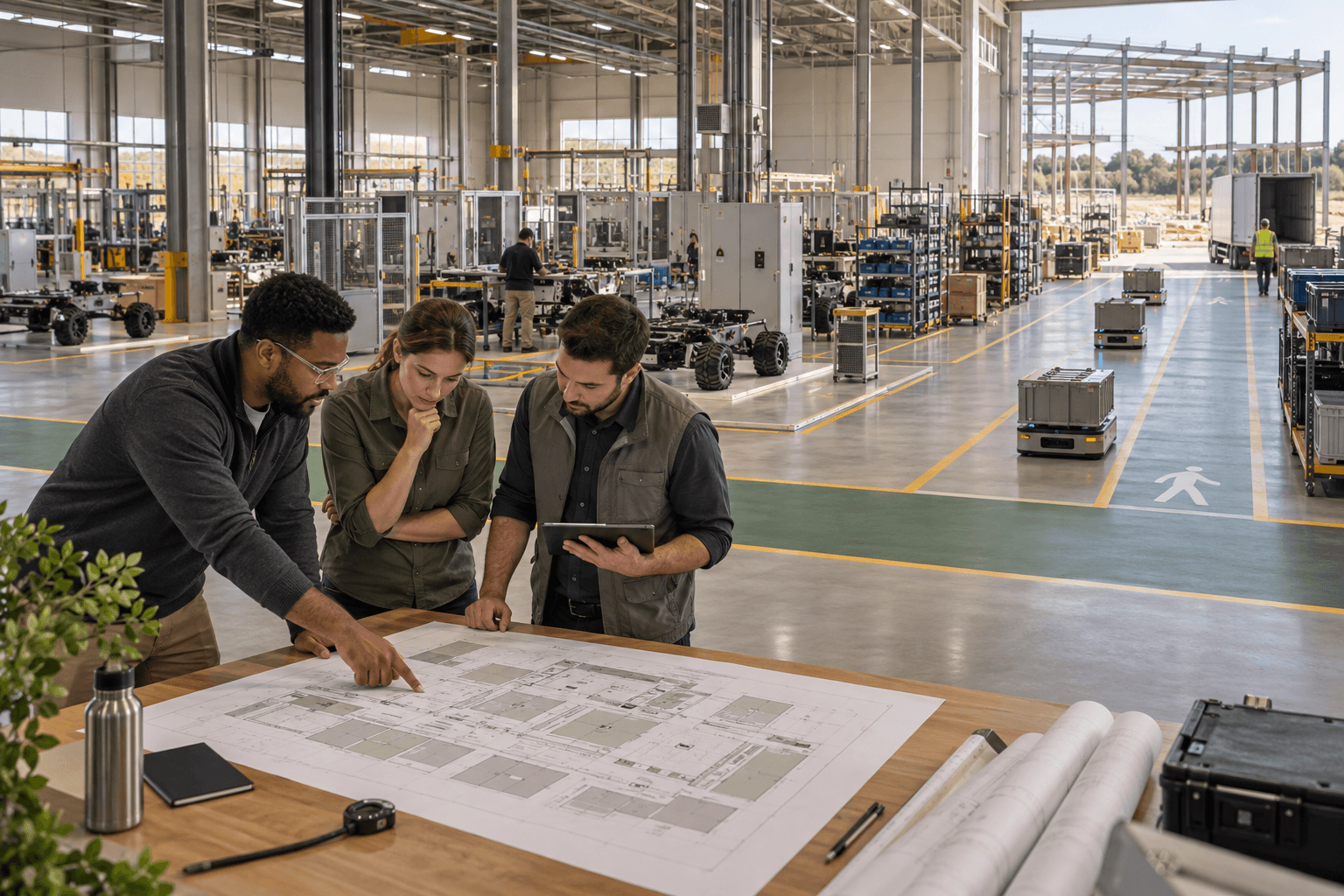 Editorial illustration of engineers reviewing a factory floor plan beside rover assembly cells and marked material routes